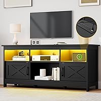 DWVO Farmhouse TV Stand for 65 Inch TV - Black Entertainment Center with LED Lights, Power Outlets & Storage