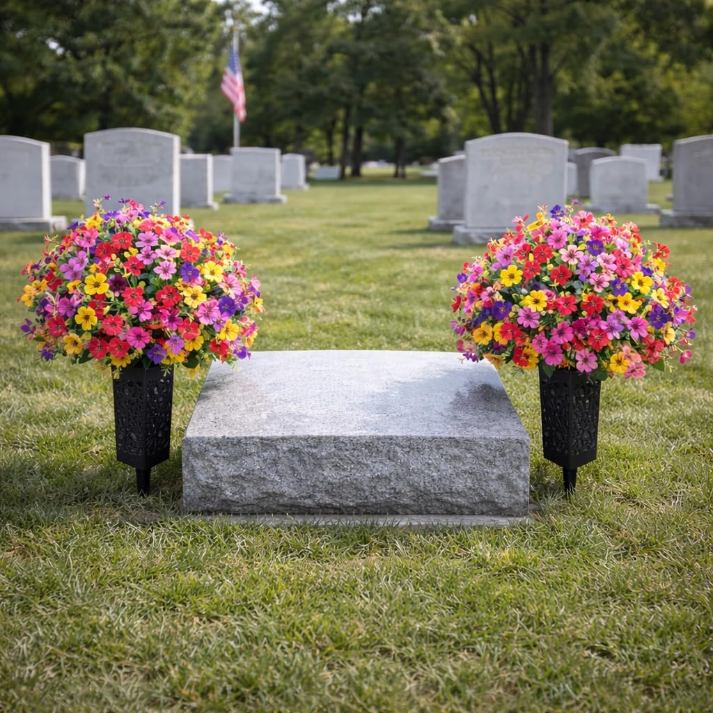 Cemetery Flowers for Grave with Vases, 2pcs Artificial Flowers Cemetery Decorations for Grave, Faux Bouquet Graveyard Memorial Flowers for Cemetery Decoration, Silk Funeral Floral Arrangements Flower