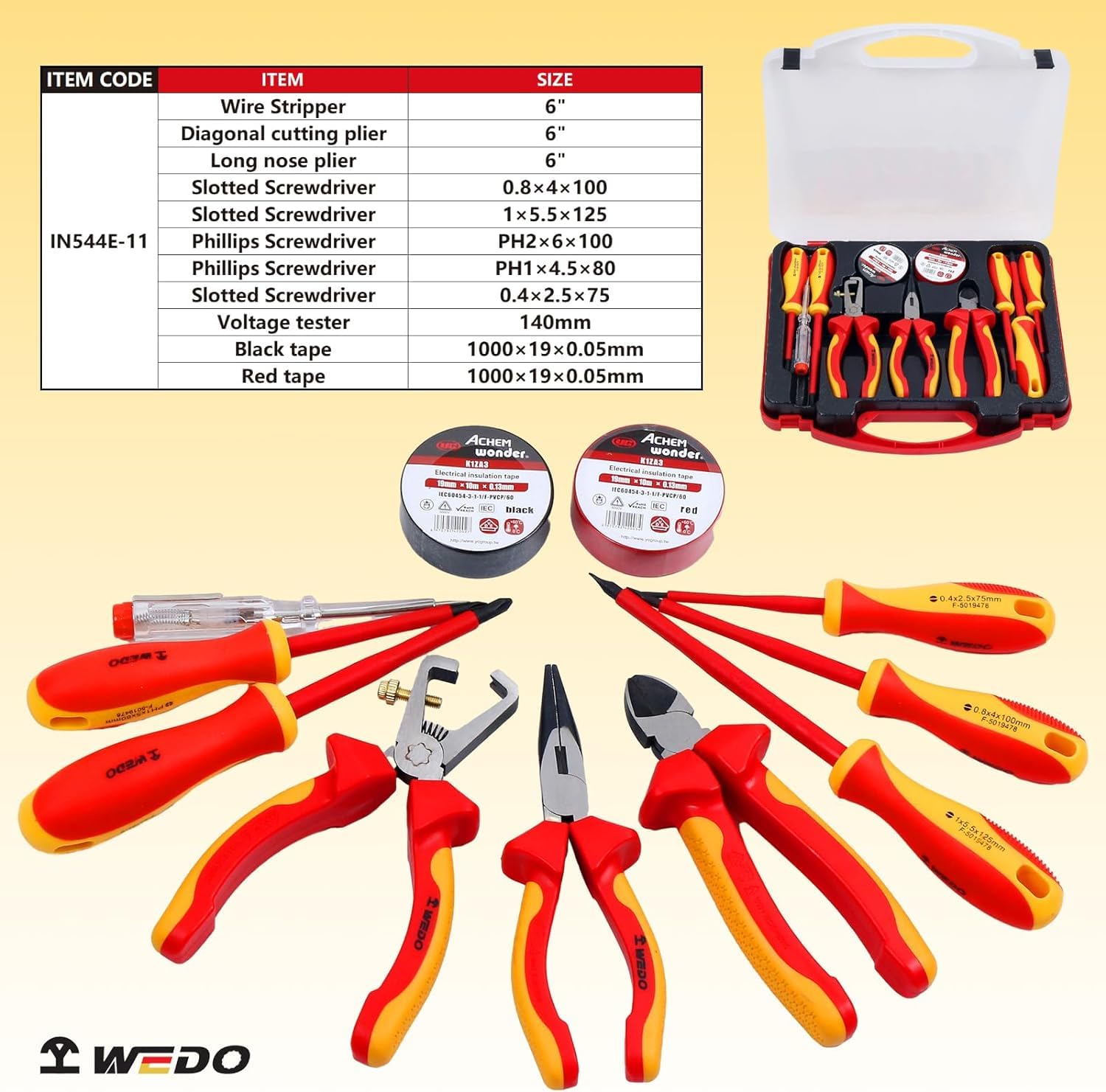 WEDO VDE - Juego de herramientas aisladas de 1000 V, 11 unidades, para electricistas con alicates, destornillador, comprobador de tensión, cinta adhesiva, IEC 60900