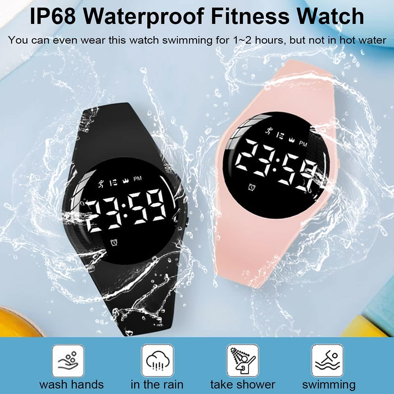 Two HUYVMAY Fitness Trackers, black and pink, in water droplets, illustrating IP68 waterproof feature