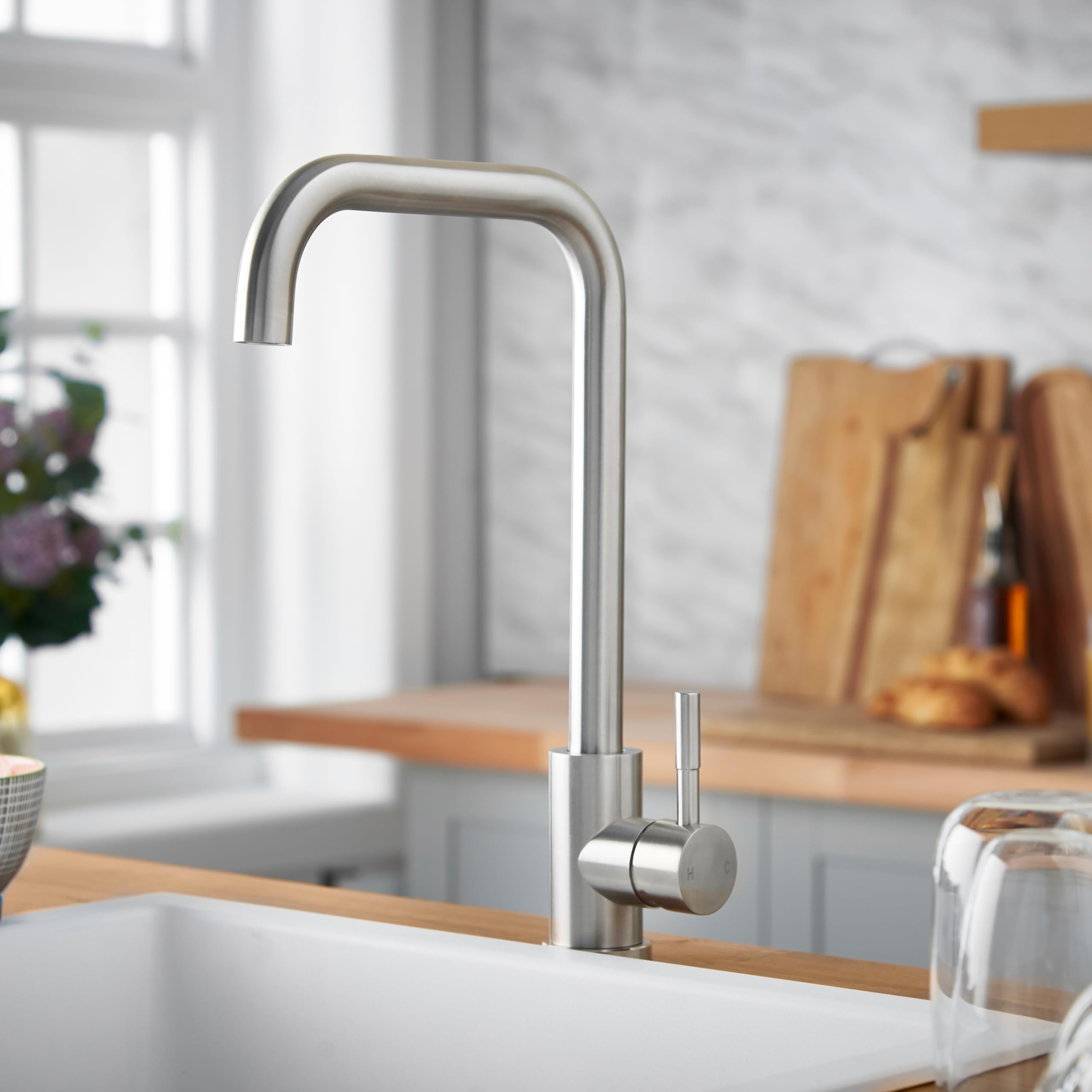 Deva Verto Mono Mixer Kitchen Tap, High Arc Monobloc Kitchen Sink Mixer Tap, 360° Swivel Single Lever Silver Mono Sink Mixer - Image 2