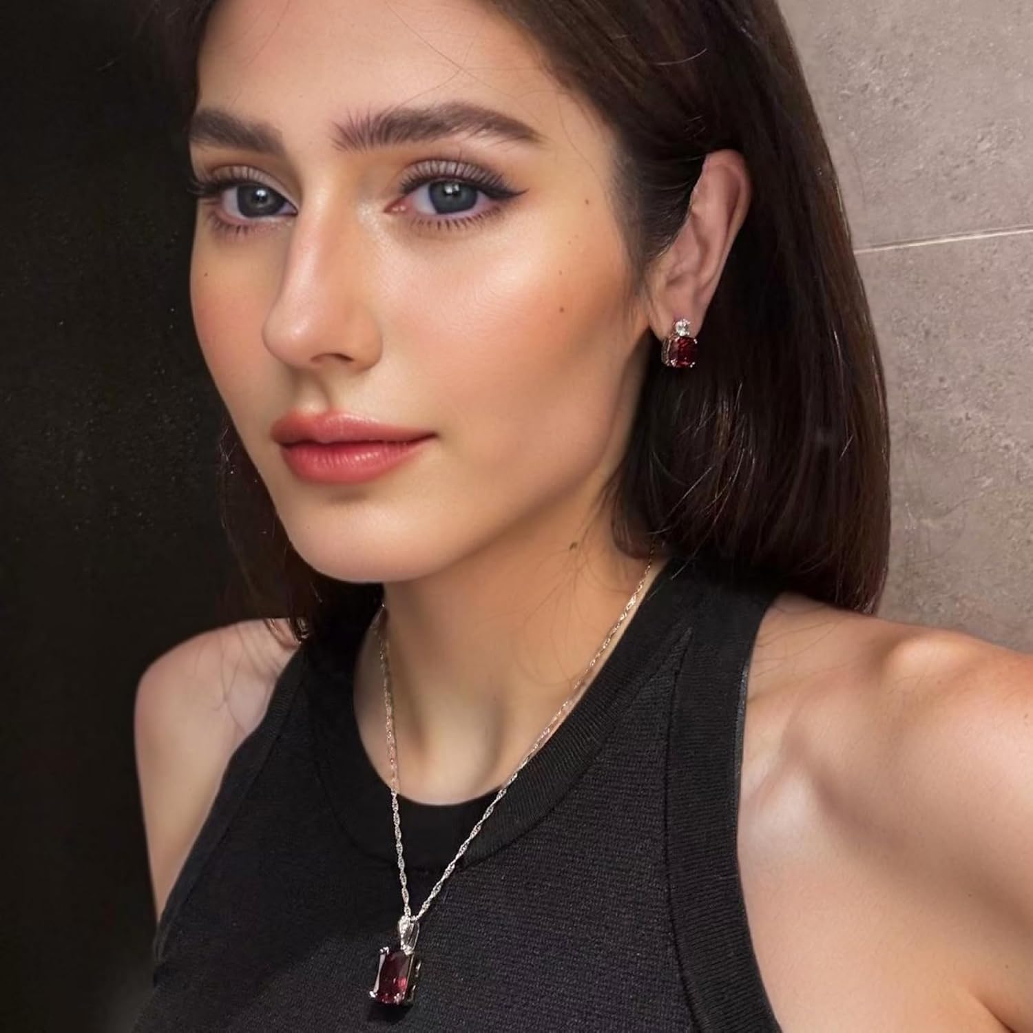 [RIZILIA CLASSIC] Stud Pierced Earrings with Cushion Cut Gemstones CZ [Red Garnet] in 18K White Gold Plated, Simple Modern Elegant - Image 4