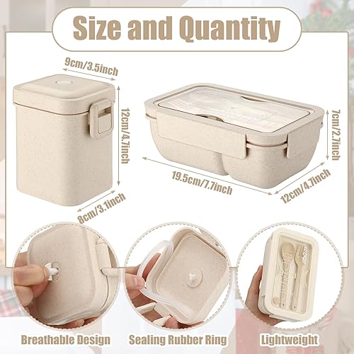 Miniatura 3 de Hushee Lonchera aislada con asa, recipientes de almuerzo de paja de trigo con 2 compartimentos, lonchera Bento y taza de sopa, reutilizable, color