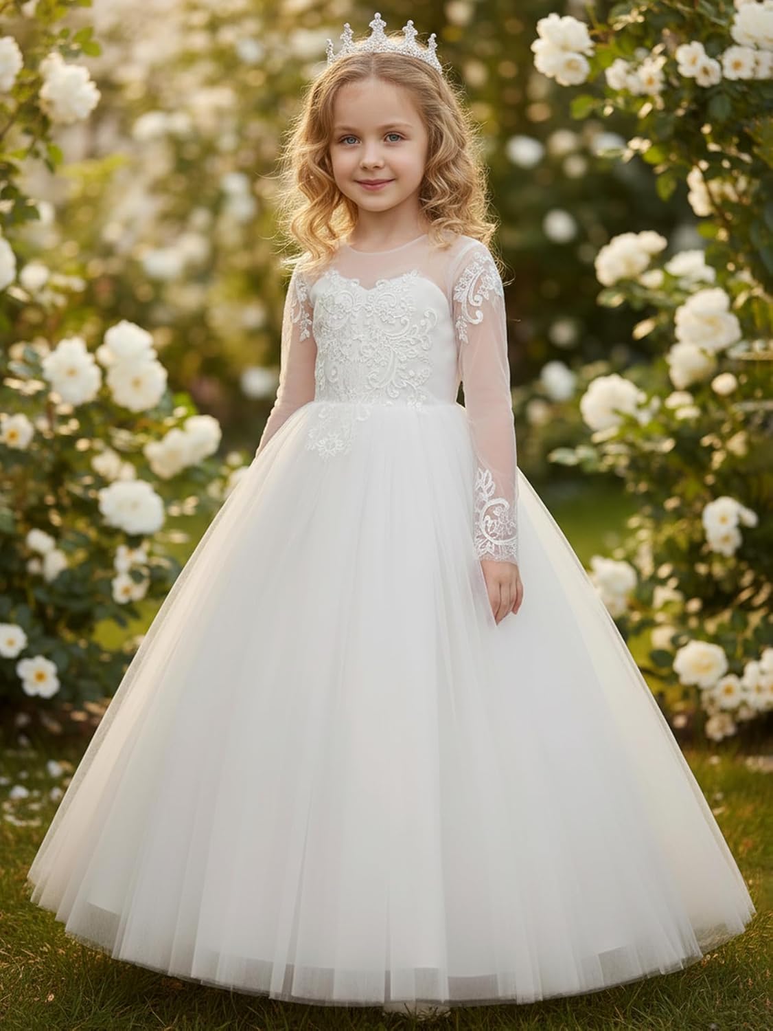 ABAO SISTER Girls' White Tulle Lace Embroidered Flower Girl Dress Communion Wedding Party Gown Elegant Princess Formal Dress