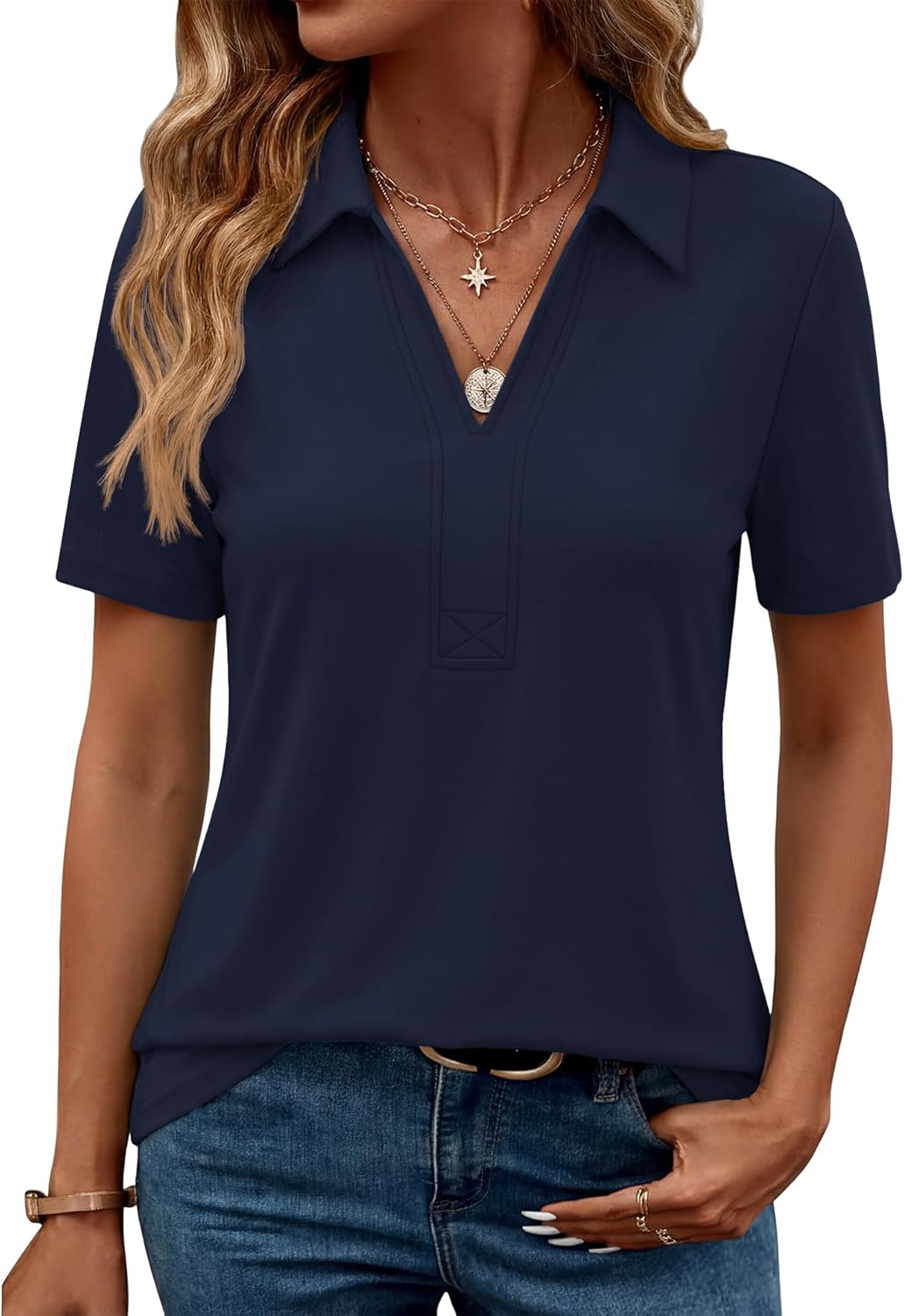 ZHENWEI Women's Short Sleeve V-Neck Polo Shirts Business Casual Work Collared Tops Dressy Johnny Collar Cute Blouses