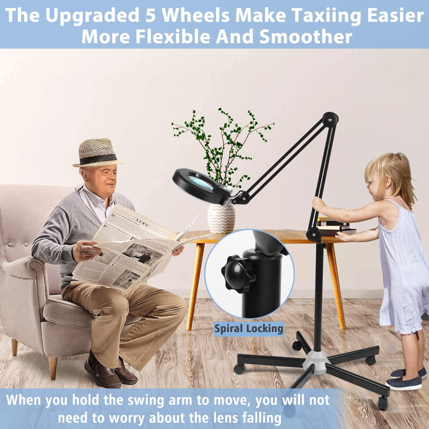 LANCOSC 10X Magnifying Glass with Light and Stand, Floor Lamp with 5-Wheel Rolling Base for Facials Lash Estheticians, 2,200 Lumens Dimmable LED Lighted Magnifier for Reading Sewing Crafts - Black