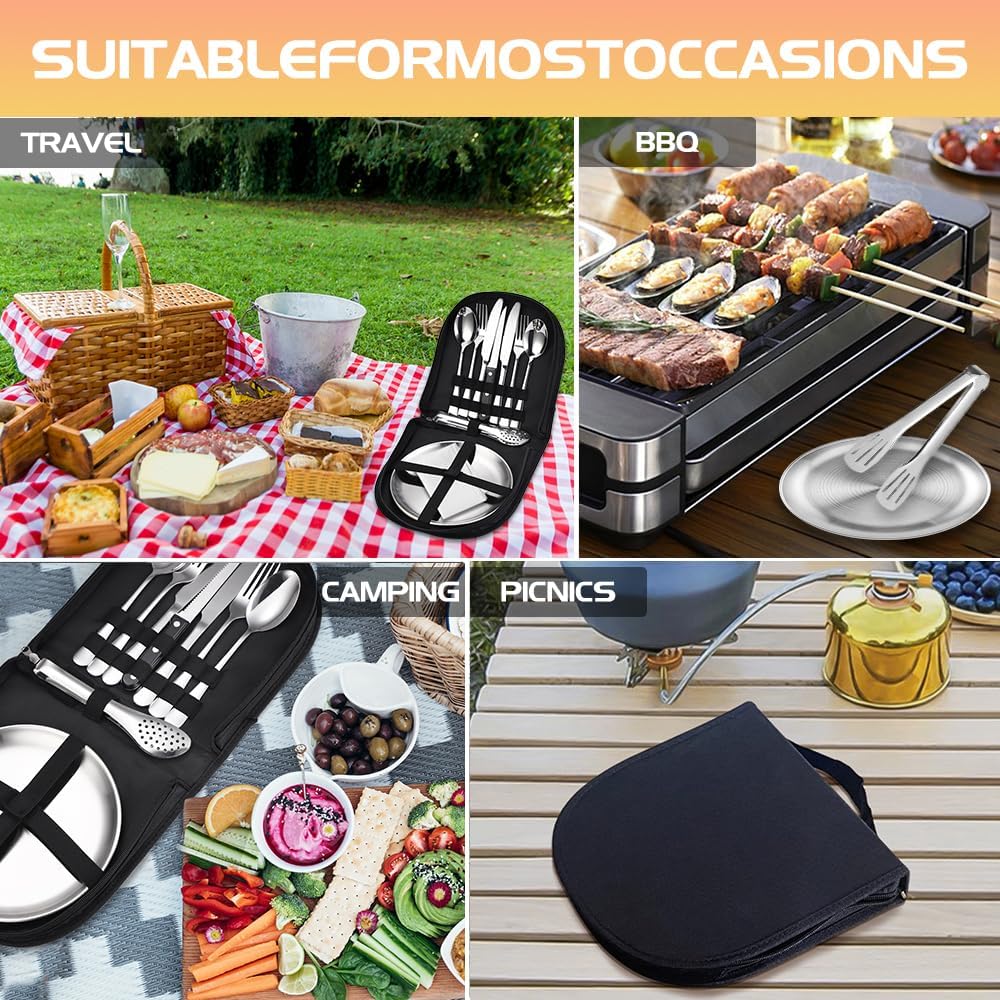 Set Vaisselle Camping 2 Personnes, 14 Pcs Couvert Camping INOX avec Fourchette Cuillère Couteau Assiette Serviette de Table, Kit Camping Vaisselle avec Sac, Set Pique Nique
