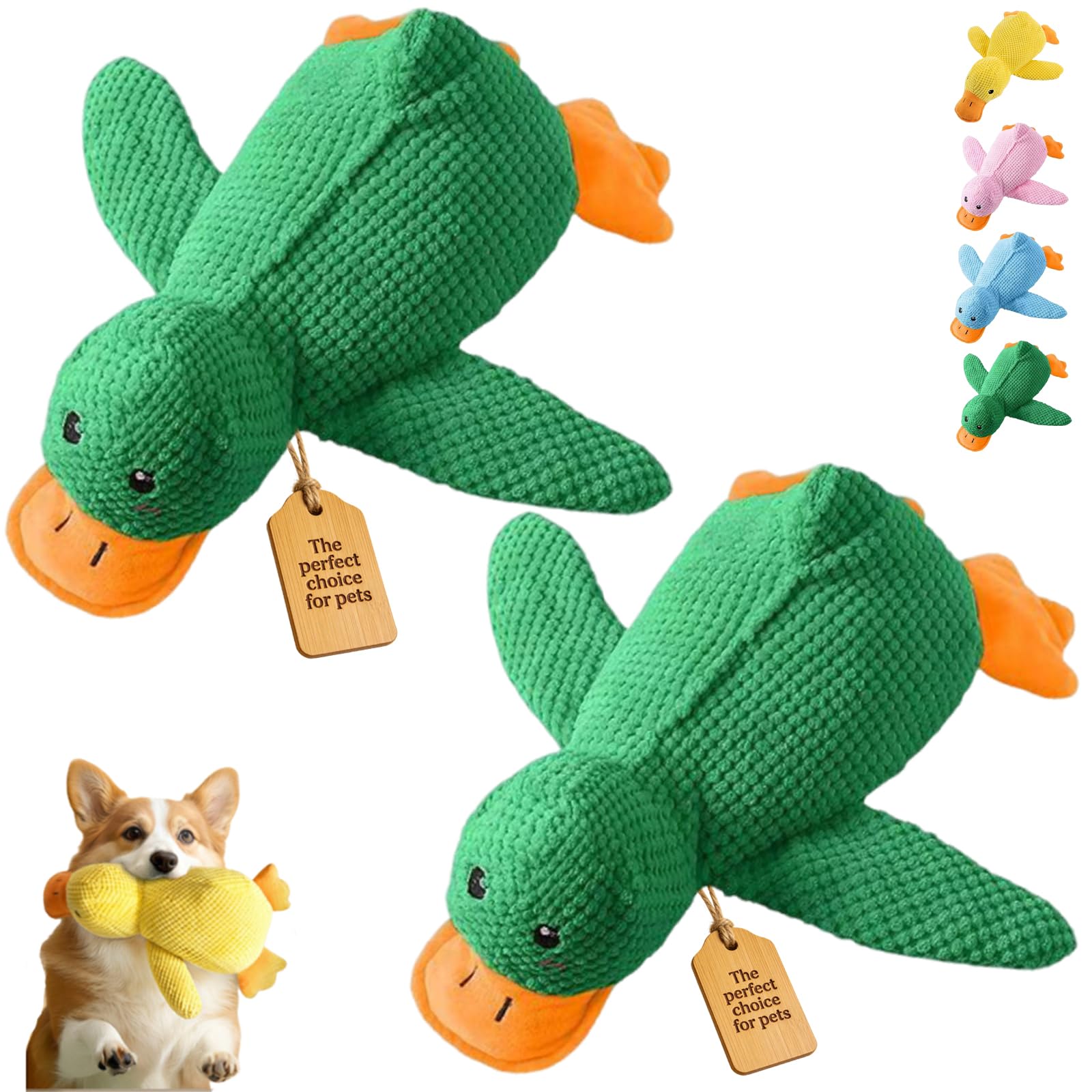2026 New Calming Duck Toy for Dogs, Interactive Quacking Dog Toy with Quack Sound and Crinkle, Soft Plush Durable, Chew Doll with Squeaker for Pets Indoor and Outdoor (2 Green, L: 45 * 38CM)