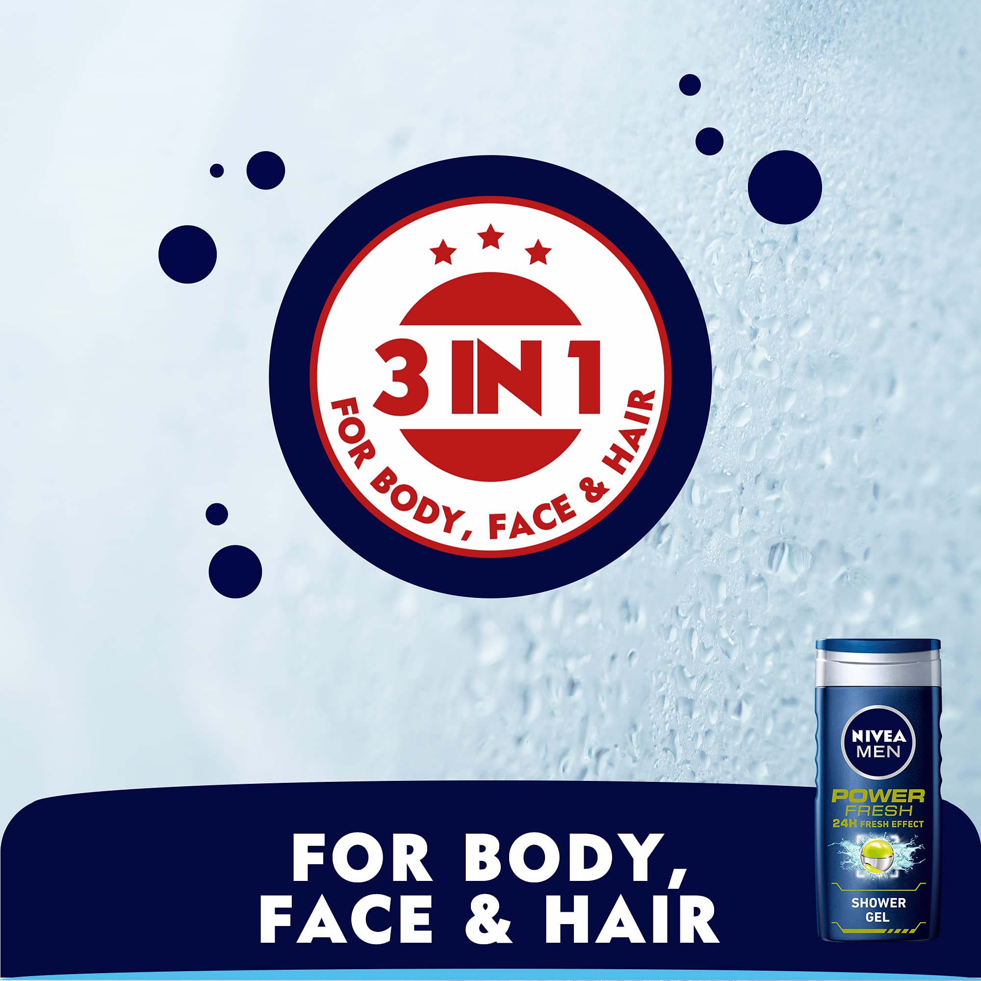 NIVEA MEN Power Fresh Shower Gel 250ml – Long-Lasting Fresh Body Wash & Shampoo for Men with a Bold, Powerful Fresh Scent, Rich Lather Cleans Body and Hair for All-Day Freshness and Confidence
