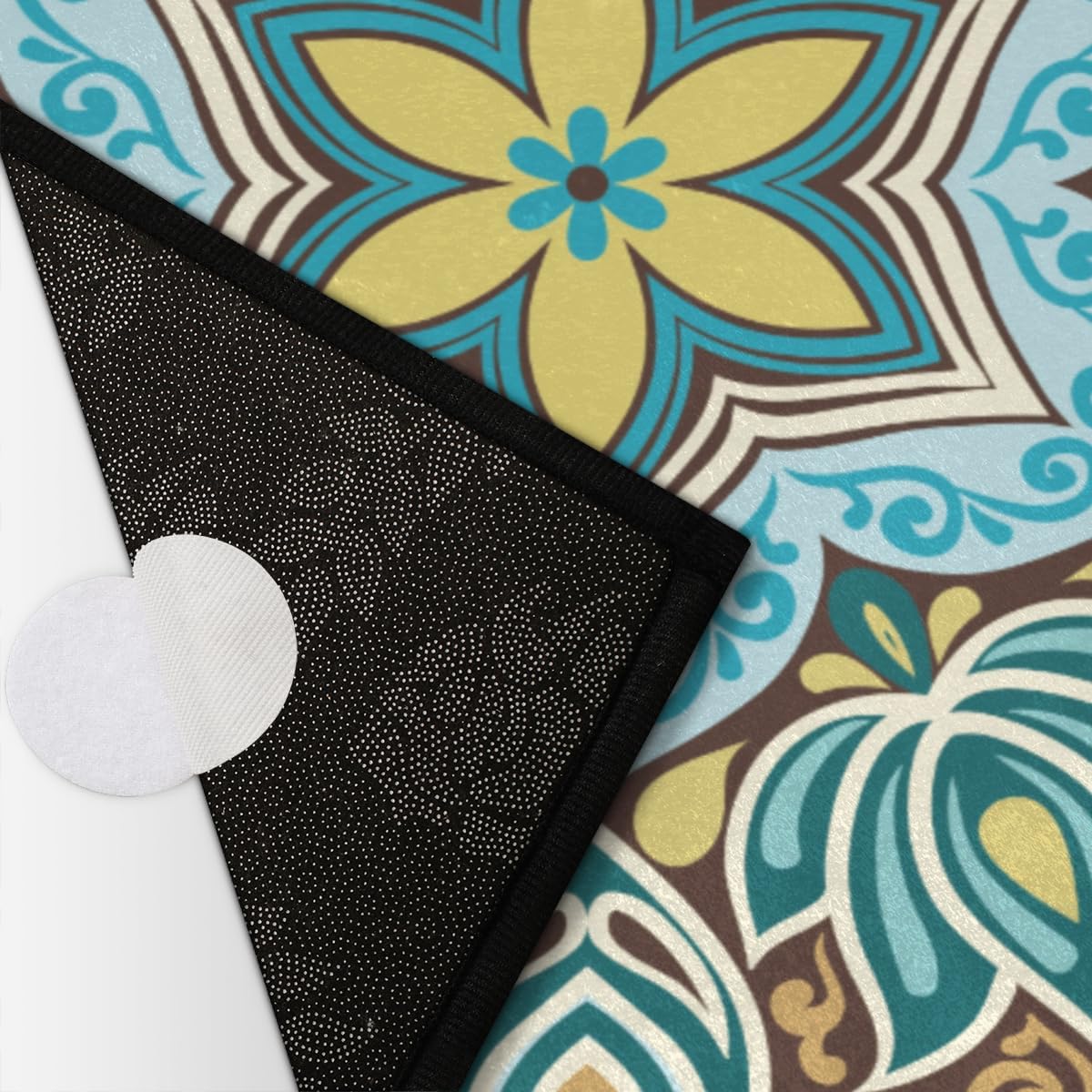 Floral Mandala Half Round Doormat Ethnic Turquoise Washable Semi Circle Area Rug Non Slip Absorbent Half Moon Rug for Indoor Outdoor Bathroom Kitchen Patio Front Welcome Fireplace Hearth Floor Mat