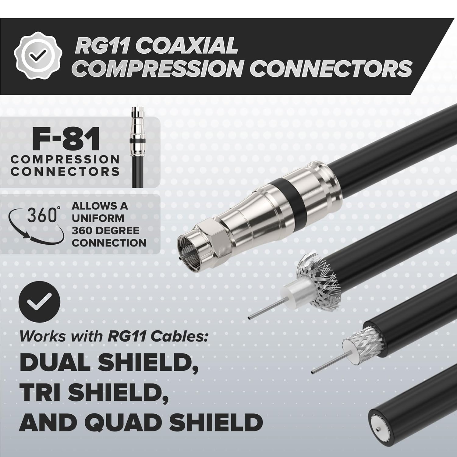 THE CIMPLE CO Compression Connectors for RG11 Coaxial Cable, 25 PCS, Water Tight O Ring, Indoor/Outdoor, F81, F-Type, 75 Ohm, 3 GHz, Black