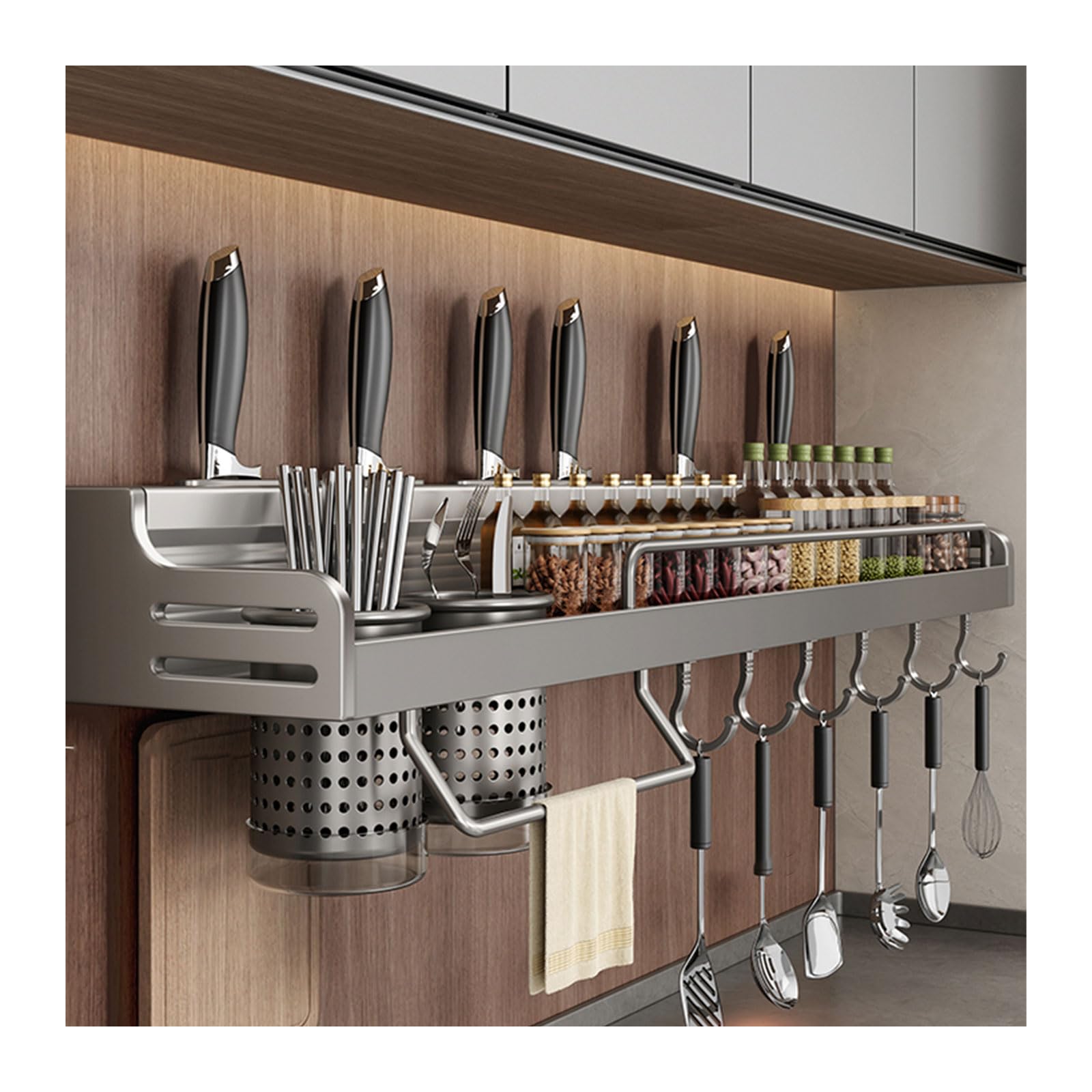 GLJTUO Wall-Mounted Utensil Rack with Hooks, Multifunctional Spice Shelf, Kitchen Hanging for Spatulas, Towels, 60cm/23.6in - Perfect Storage Solution for Home! (60cm/23.6in),60cm/23.6in