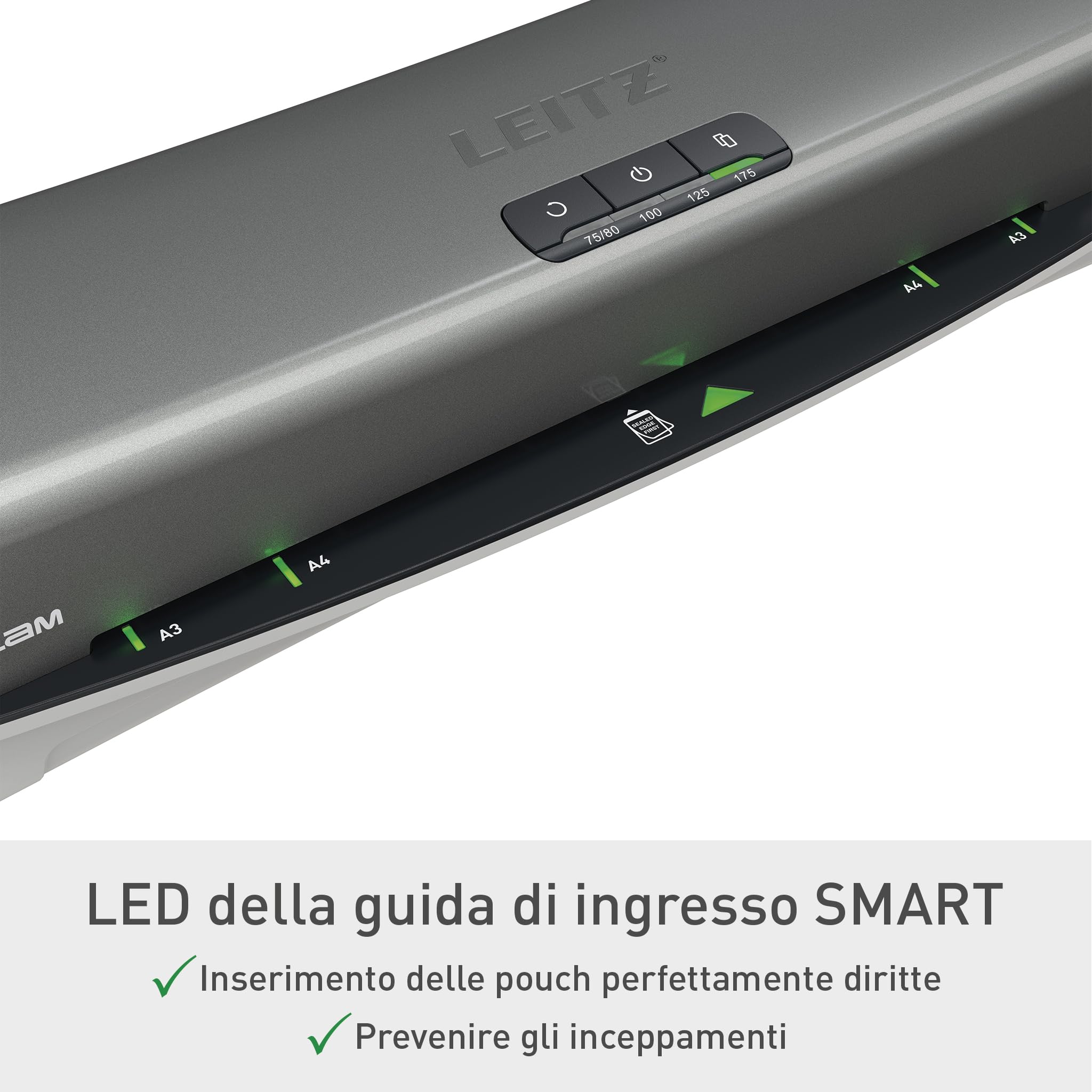 Leitz iLAM Office Pro Plastificatrice A3 ? Riscaldamento ultra-rapido in 1 min, 75-125 mic, anti-inceppamento, spegnimento automatico, include 5 pouch A4 per plastificazione, grigio-bianco, 75180084