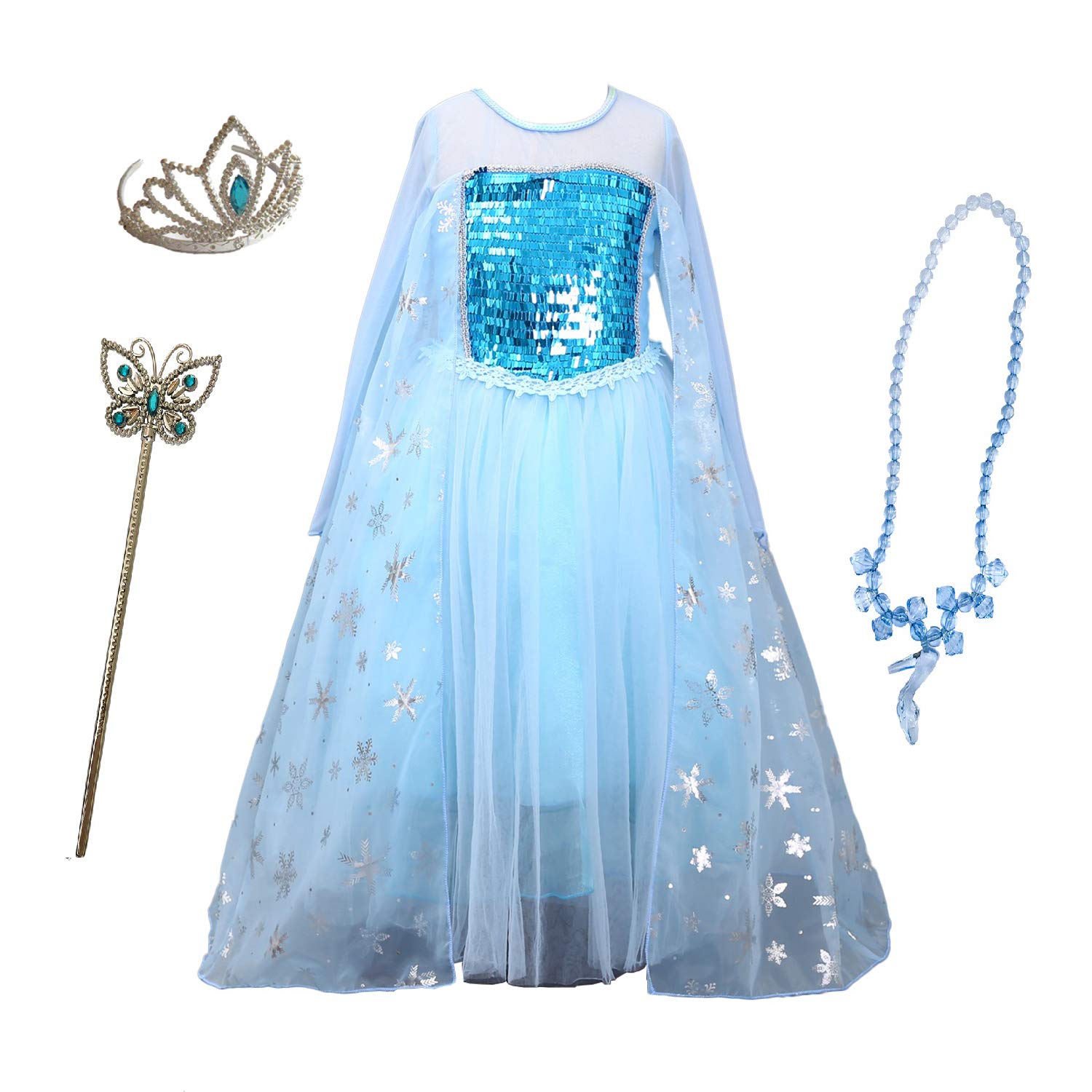 Familycrazy Elsa Girl's Princess Frozen Dress Costume with Magic Wand & Sparkle Tiara Crown