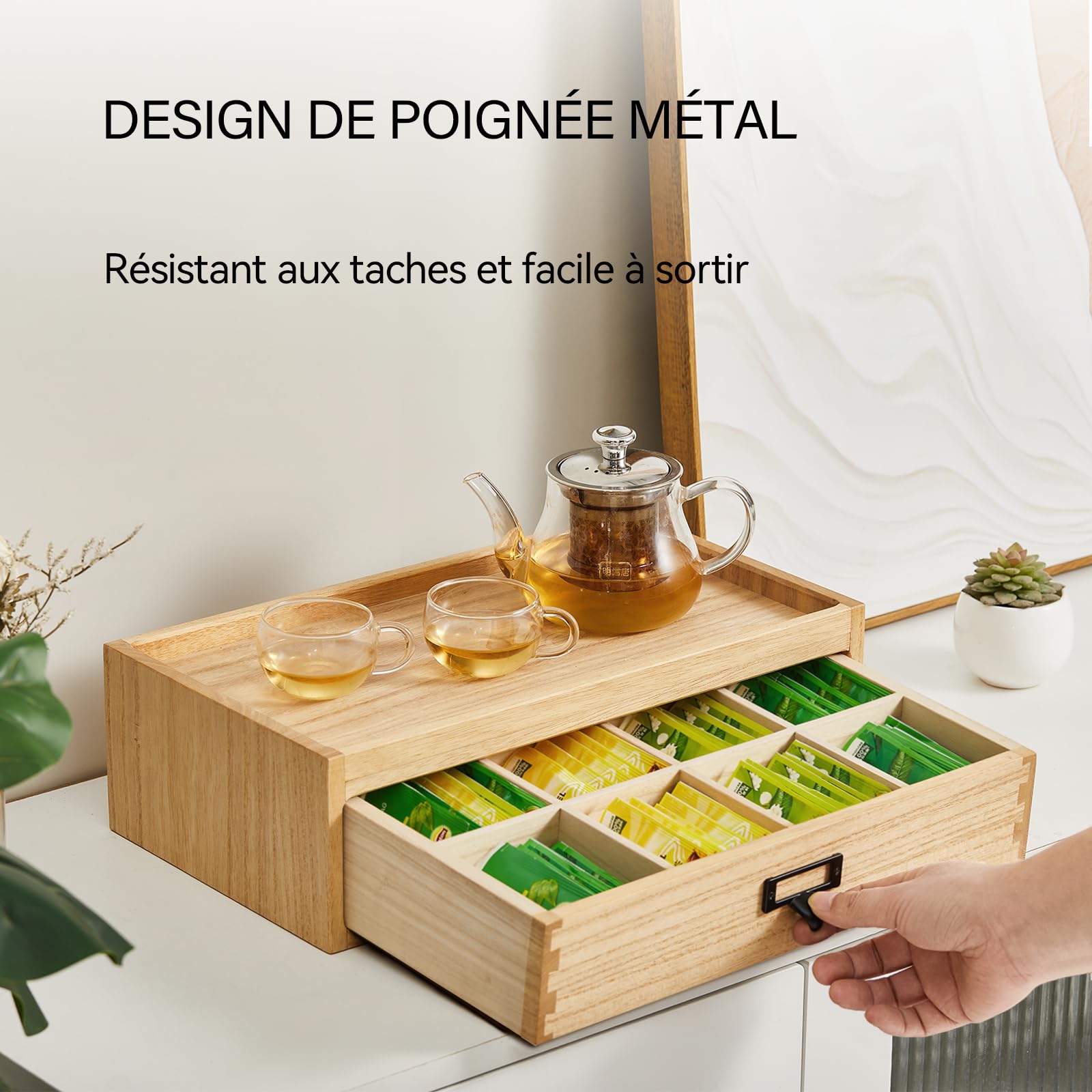 KIRIGEN Boîte à thé en bois massif avec tiroir - 8 compartiments - Boîte de rangement pour sachets de thé avec poignée en métal - Pour cuisine et bureau - Naturel