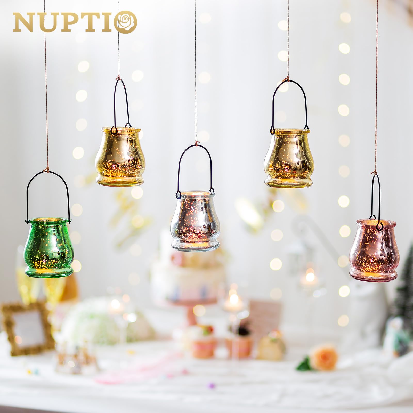 NUPTIO Portacandele Appesi Argento - 6 Pezzi Portacandele in Vetro di Mercurio Lanterna per Candele all'Aperto Piccole Sfere per Giardino Natale Matrimonio Festa Decorazioni