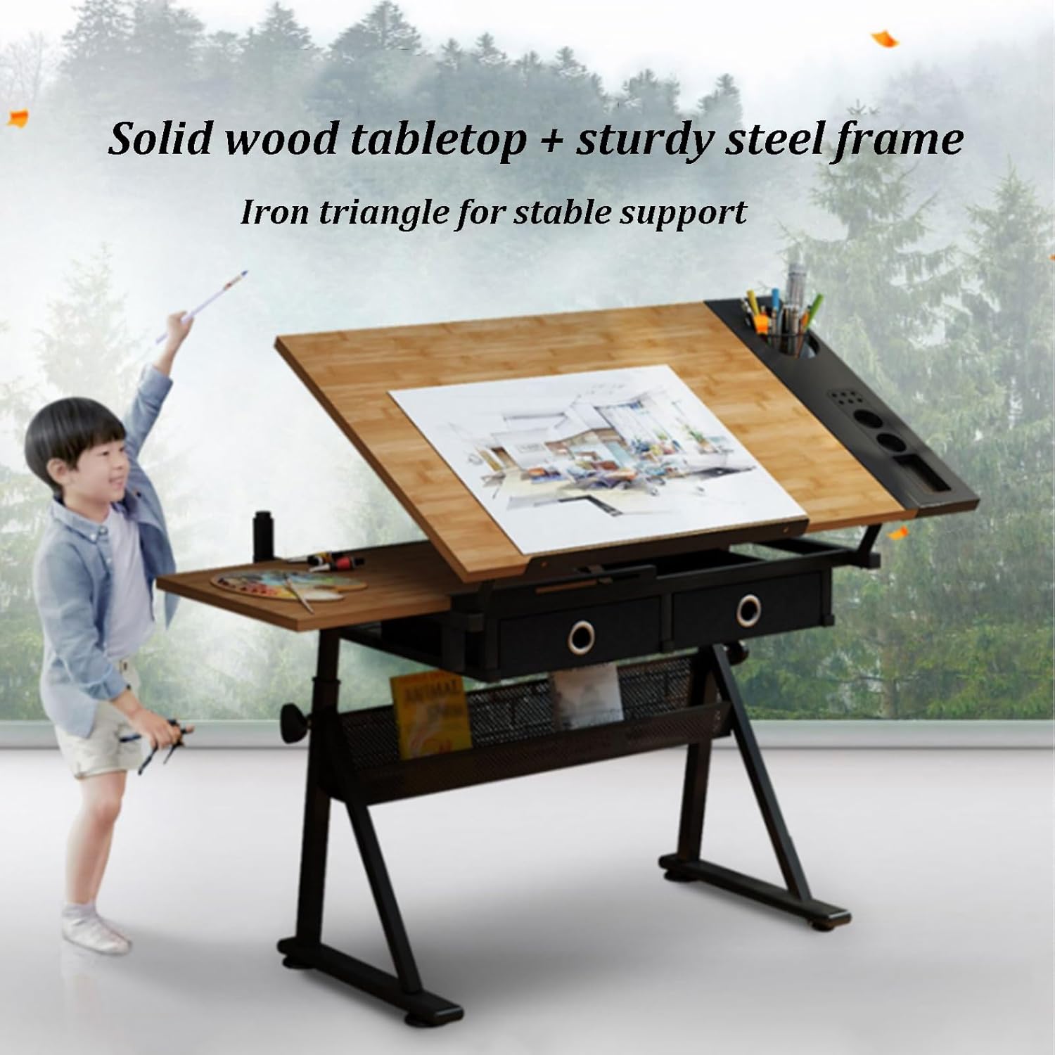 Adjustable Drafting Table, Stand Up Desk Store with Stool, Wood Drafting Desk with Storage Drawers, Adjustable Height and Angle Drafting for Study, Office, Studio