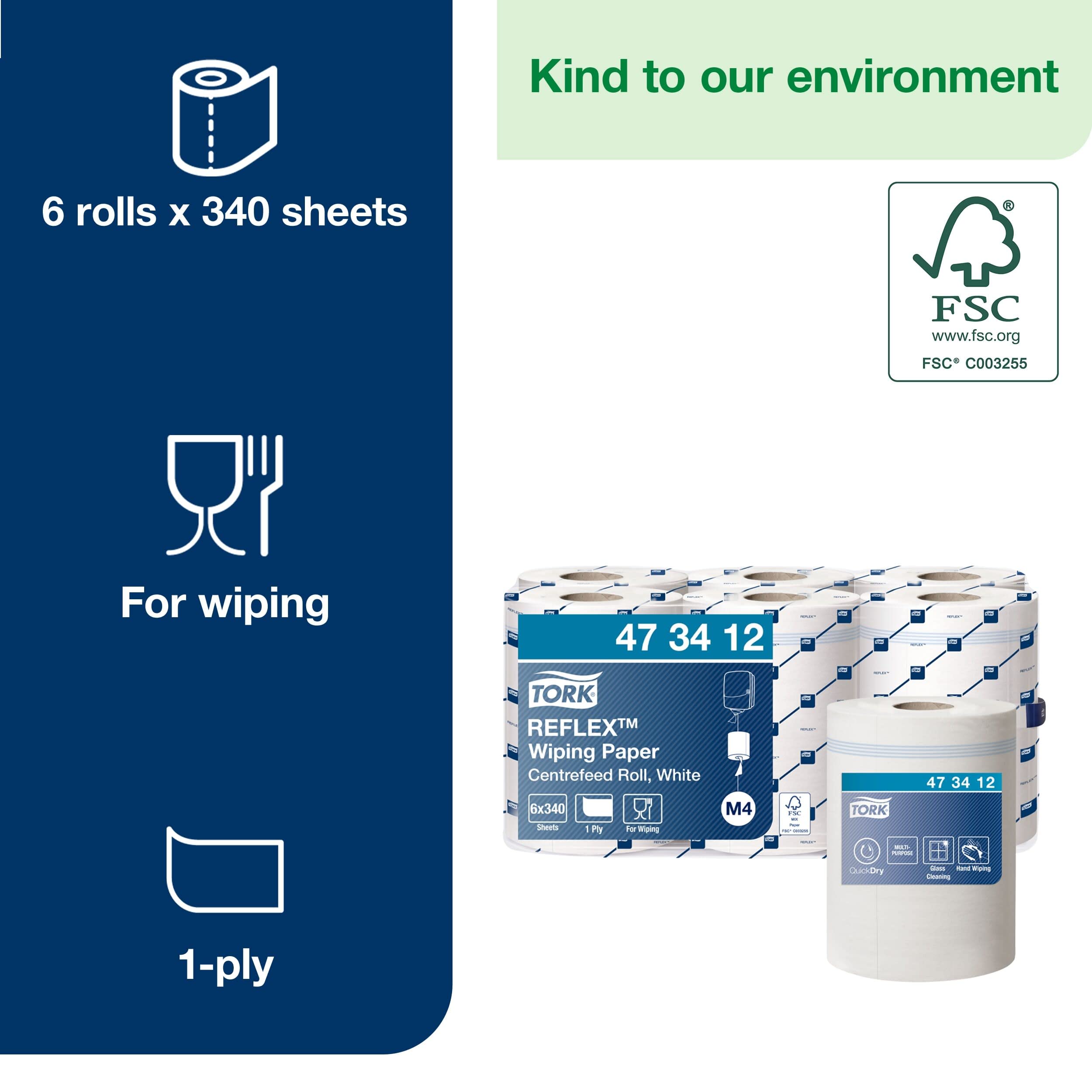 Tork 473412 Reflex Papel de secado QuickDry/Premium / 1 capa/Paños de limpieza compatibles con el sistema M4 / 6 bobinas x 113,9 m de largo/color blanco