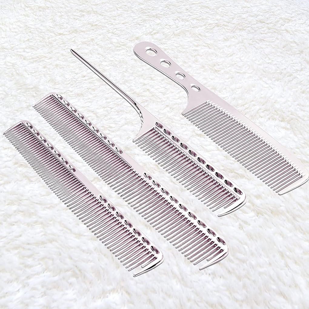 5er-Set, 4er-Pack/Los, ergonomischer Griff für bequemeres Kämmen, bequemer zu halten, Metall-Haarschneidekamm, helles Silber