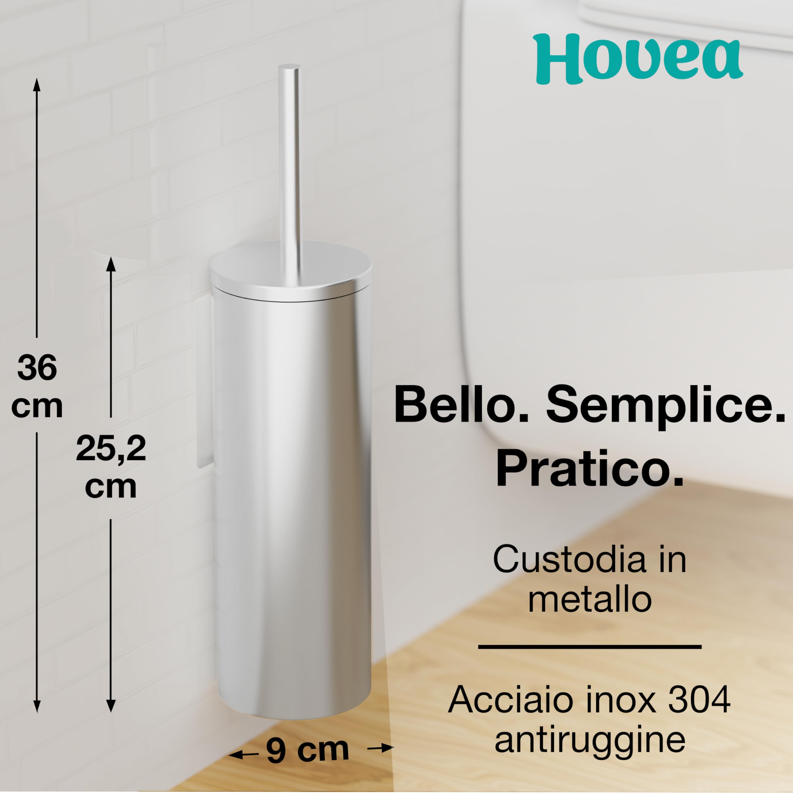 Scopino WC Sospeso - Scopino Silicone e Metallo - Nessuna Foratura - Montaggio a Parete con Adesivo o Vite - Acciaio Inox 304 - Porta Scopino Bagno WC - WC3611