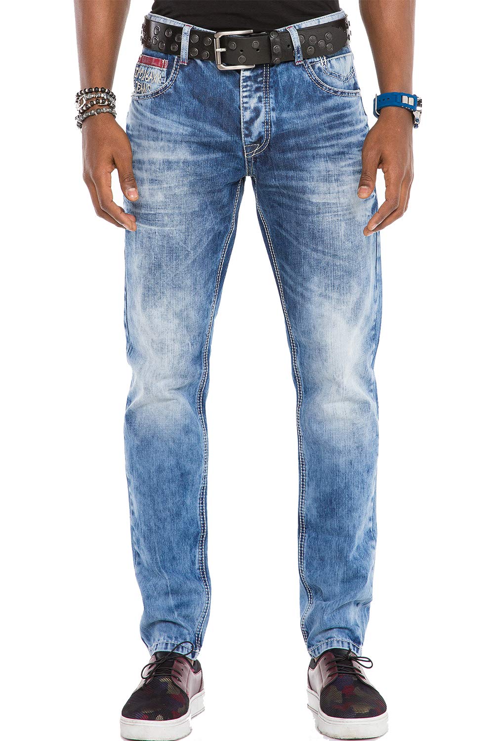 Cipo & Baxx Herren Jeans | Modernes Denim | Markante Details | Vielseitig kombinierbar für Freizeit & Urban Style | Used-Look, Reißverschlüsse, blaue und schwarze Jeans, Herren-Passform, für Alltag, Freizeit und Streetwear