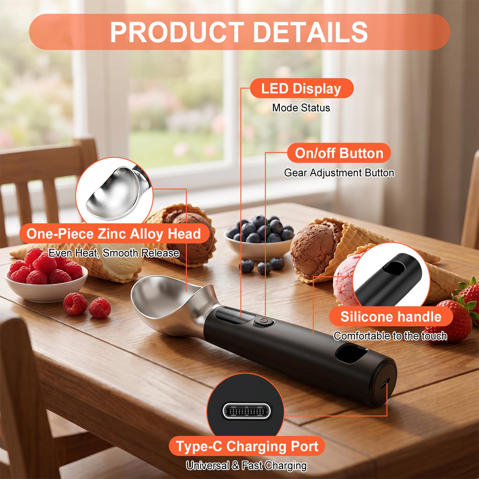 Cuillère à Crème Glacée Chauffante avec 3 Niveaux de Chaleur Réglables–120/140/160°F,Rechargeable Affichage LED,pour Crème Glacée Dure et Plus Encore(Noir)