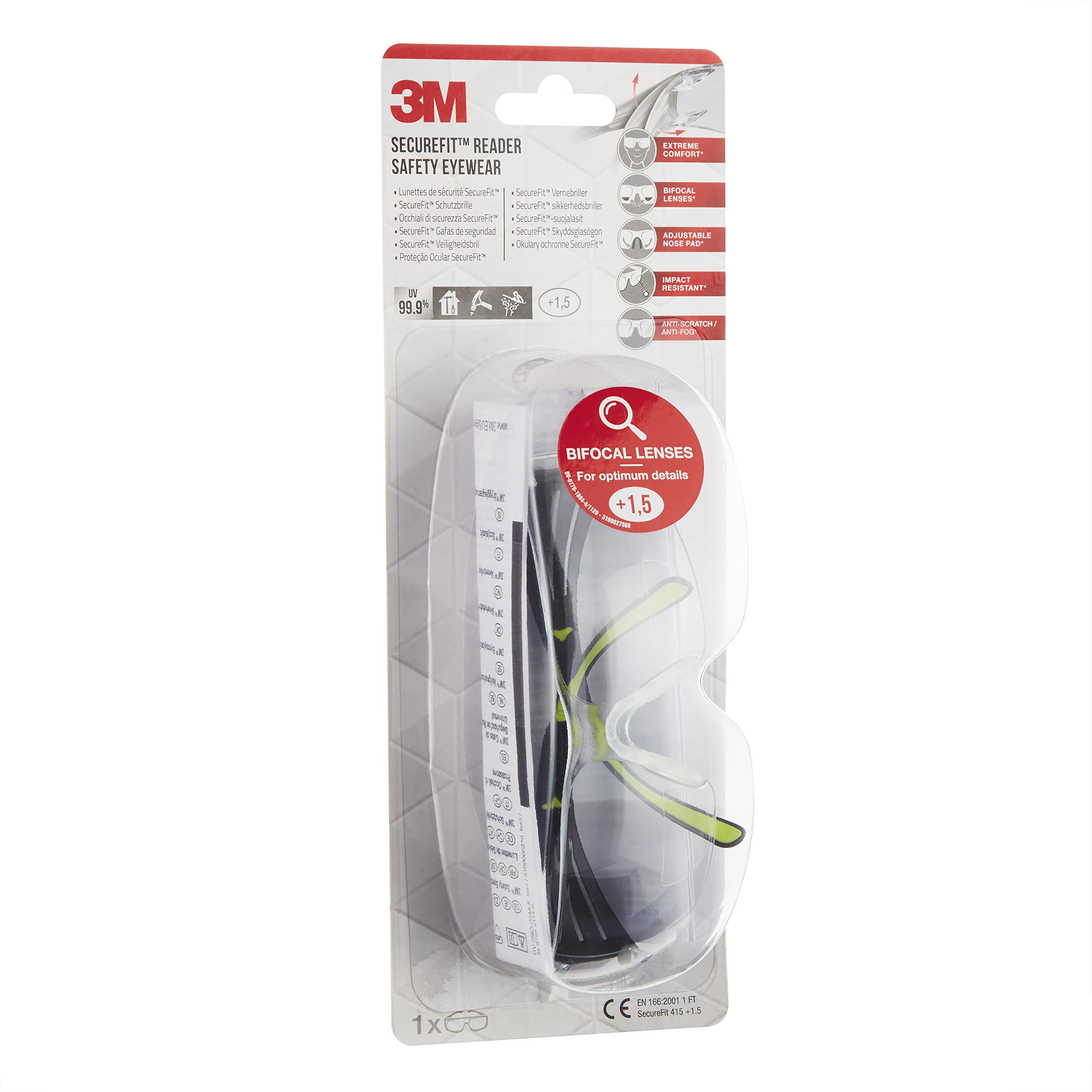 3M SecureFit SF415 Gafas de seguridad graduadas, +1,5 dioptrías, antirrayaduras, lente incolora, 1/PCK, 6PCK/CV