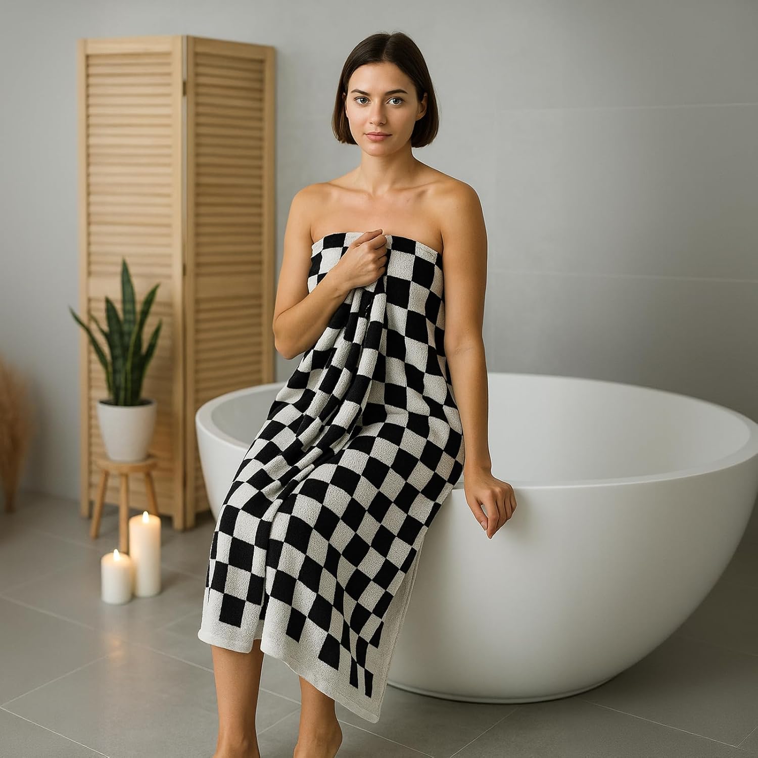 REDKISS 2 Piece Large Black and White Bath Towels Set - 27”x55” Highly Absorbent 600GSM Cotton Checkered Towels for Bathroom Decoration, Retro Checkered Design - Image 5