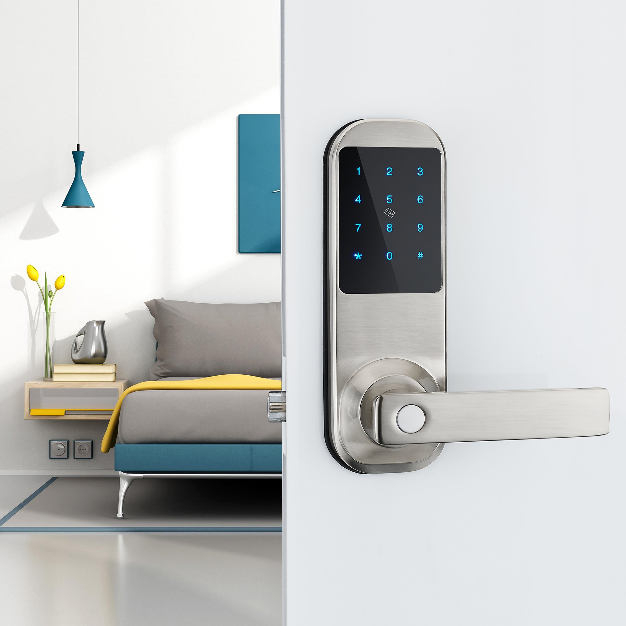 Serratura digitale Tastierino Bluetooth, sblocco con carta, codice, app (compatibile con Alexa) (HFAM10B-R), Nero