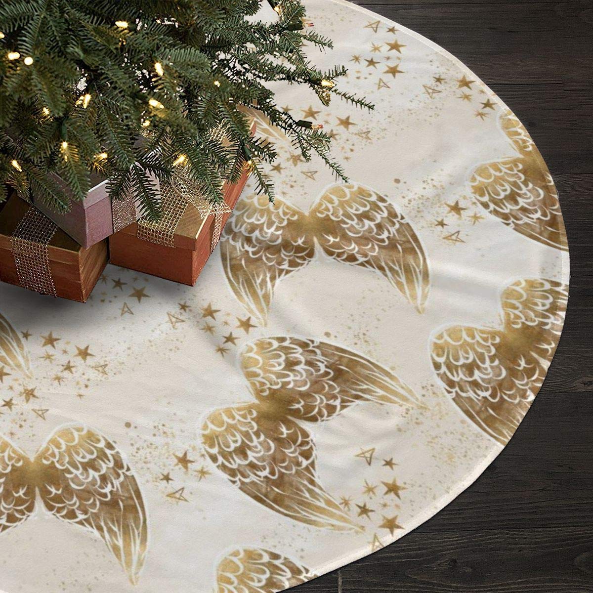 Christmas Tree Skirt 35.5 Inch,Gold Stars and Angel Wings Print Rustic Xmas Tree Holiday Decorations