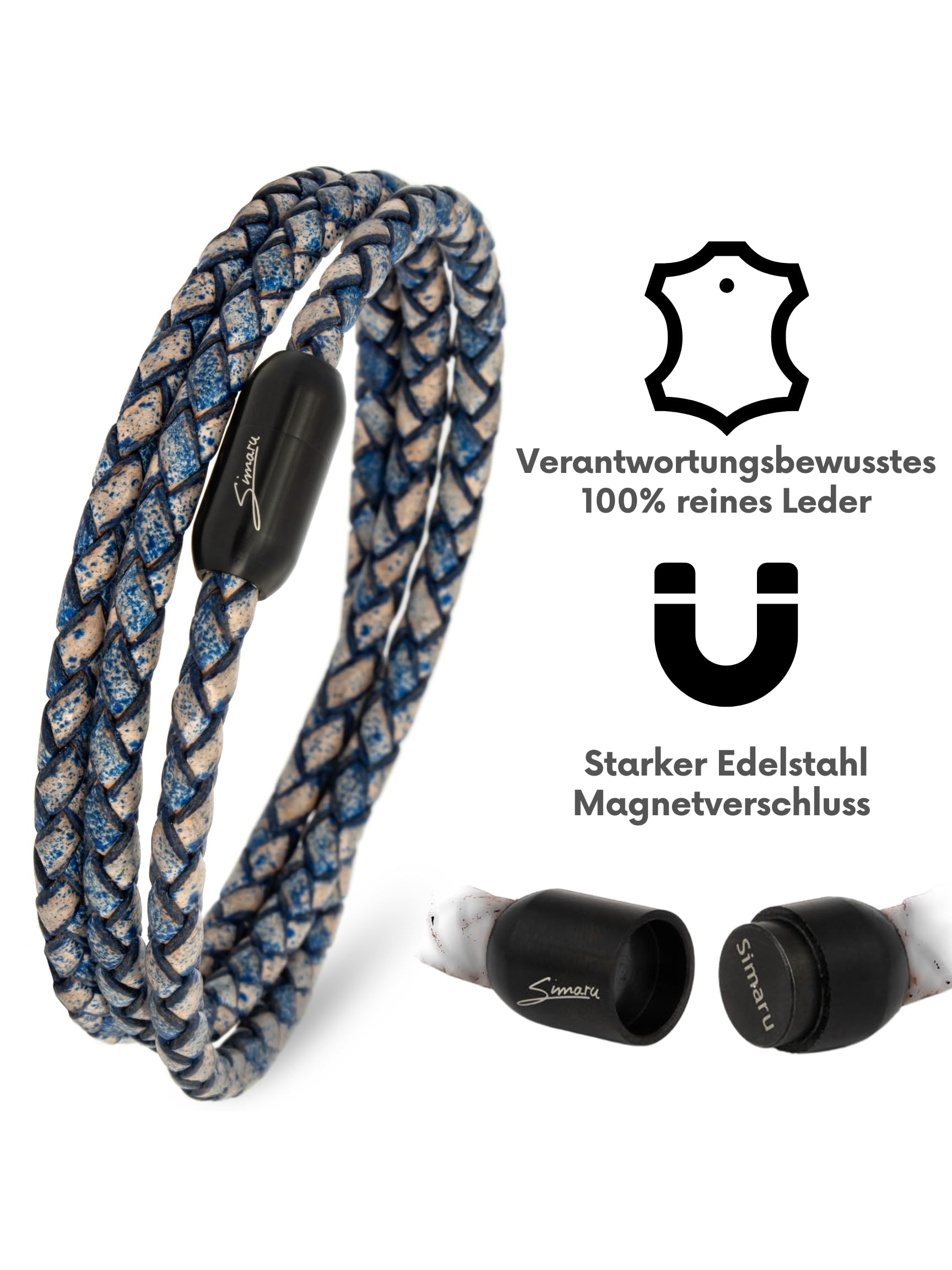 Simaru Braccialetto Intrecciato in Vera Pelle Made in Germany: Alta Qualità dalla Catalogna con Chiusura Magnetica - Larghezza 4 mm