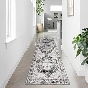 Moynesa Ultra-Thin Washable Runner Rug - 2'6" x 10' Grey Long Hallway Rug Runner Kitchen Carpet Runner 10ft, Vintage Non Slip Low Pile Stair Floor Mat for Bathroom Bedroom Living Room Entryway
