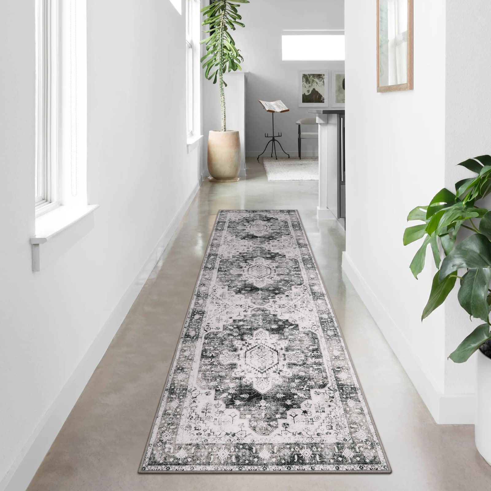 Moynesa Ultra-Thin Washable Runner Rug - 2'6" x 10' Grey Long Hallway Rug Runner Kitchen Carpet Runner 10ft, Vintage Non Slip Low Pile Stair Floor Mat for Bathroom Bedroom Living Room Entryway — image 1