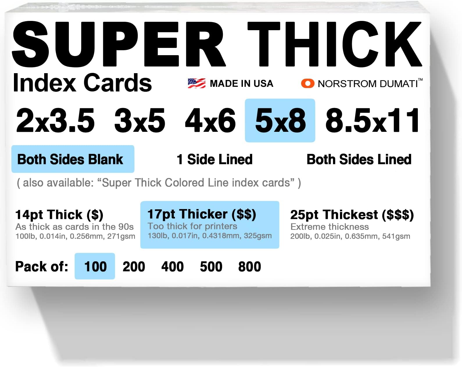 100 SUPER THICK index cards / 5"x8" / 17pt (0.017") 130lb / blank un-ruled/archival acid-free
