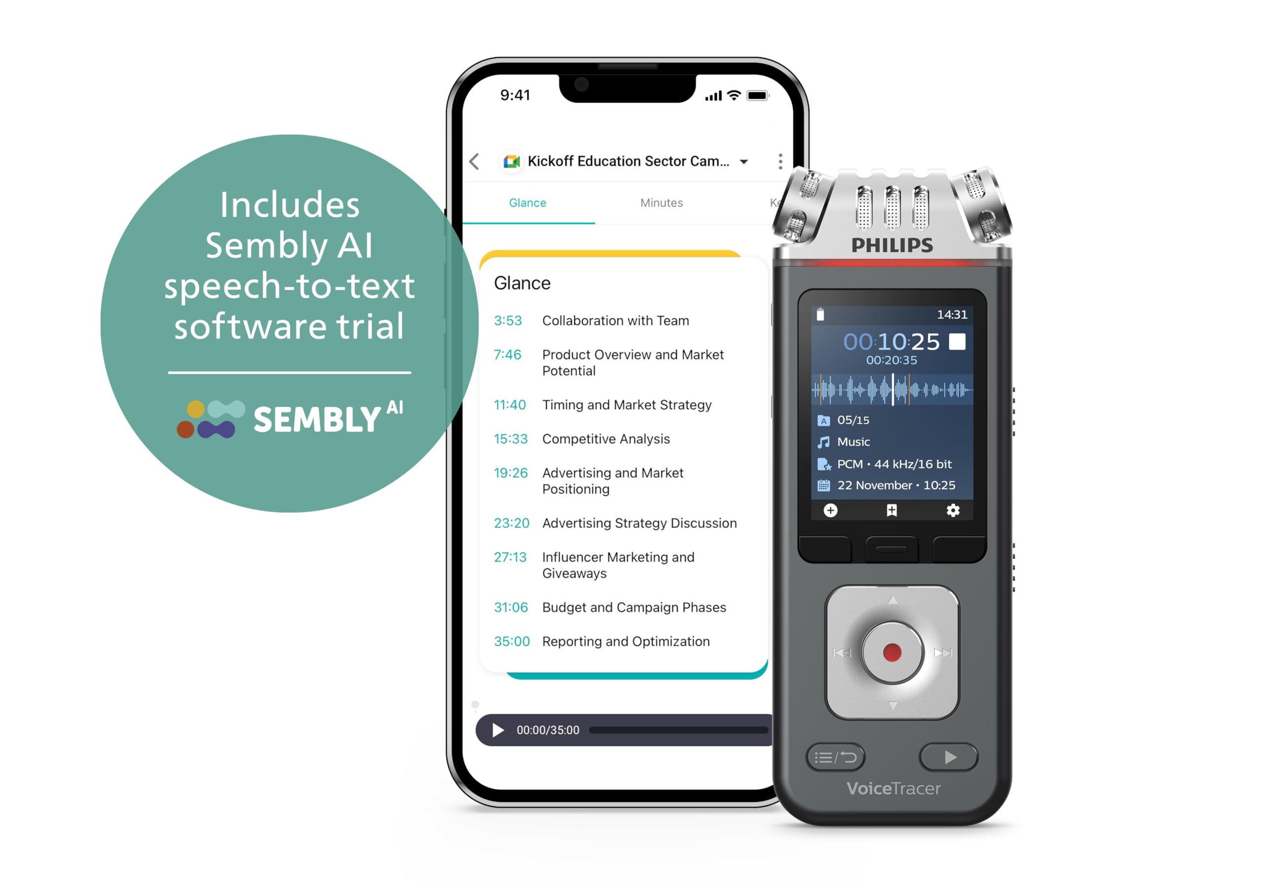 Philips VoiceTracer DVT6115, registratore vocale, 8 GB, MP3, 3 microfoni HIFI, registrazione musica. Licenza AI Sembly in prova: l’Intelligenza Artificiale crea riassunti, trascrizioni
