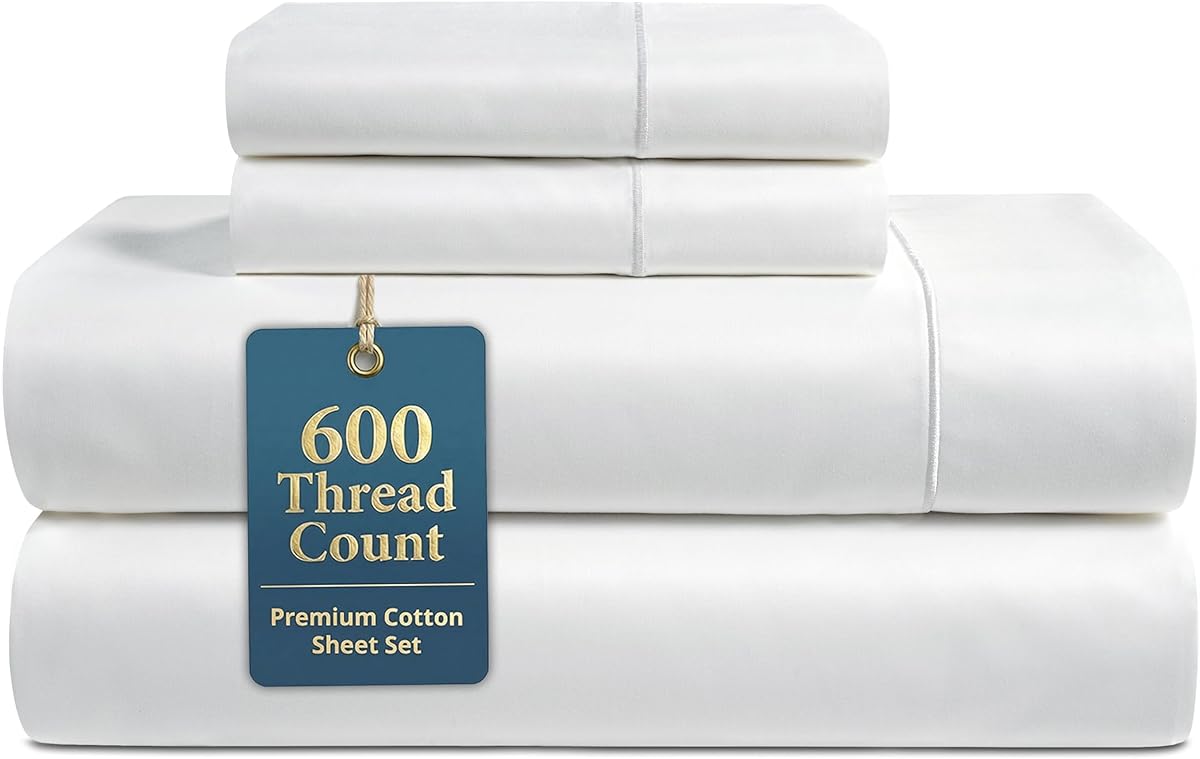 LANE LINEN King Size Sheets Set – 600 Thread Count Long-Staple 100% Cotton Sheets, Naturally Cool & Durable for Everyday Use, 15" Deep Pocket Fitted Sheet with All-Around Elastic for Snug Fit – White