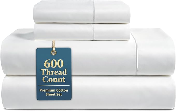 Queen Sheet Set - 600 Thread Count Premium Soft Long Staple 100% Cotton Sheets, Hotel Luxury Sateen Silky Finish, Snug Fit 15" Deep Pocket, Low Pill, Machine Washable - White Sheets