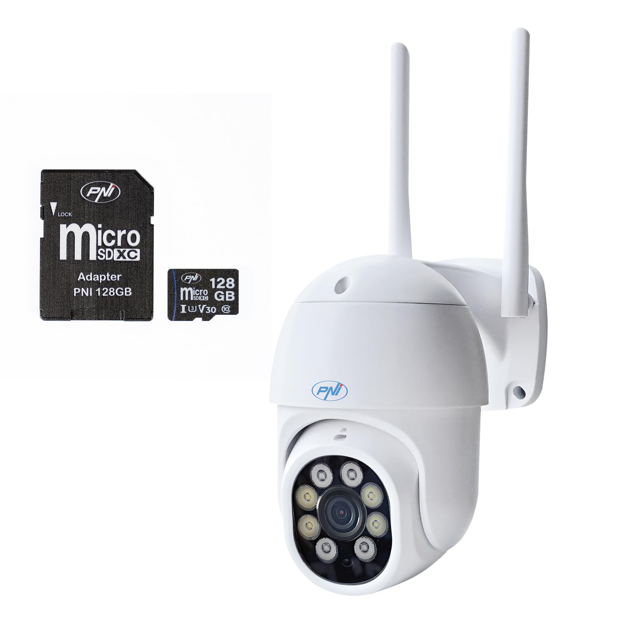 Bezprzewodowa kamera do monitoringu wideo PNI IP840 + PNI 128 GB karta WiFi, PTZ, 8 MP 4K, gniazdo micro SD, samodzielna, funkcje AI, ONVIF, aplikacja ICSee