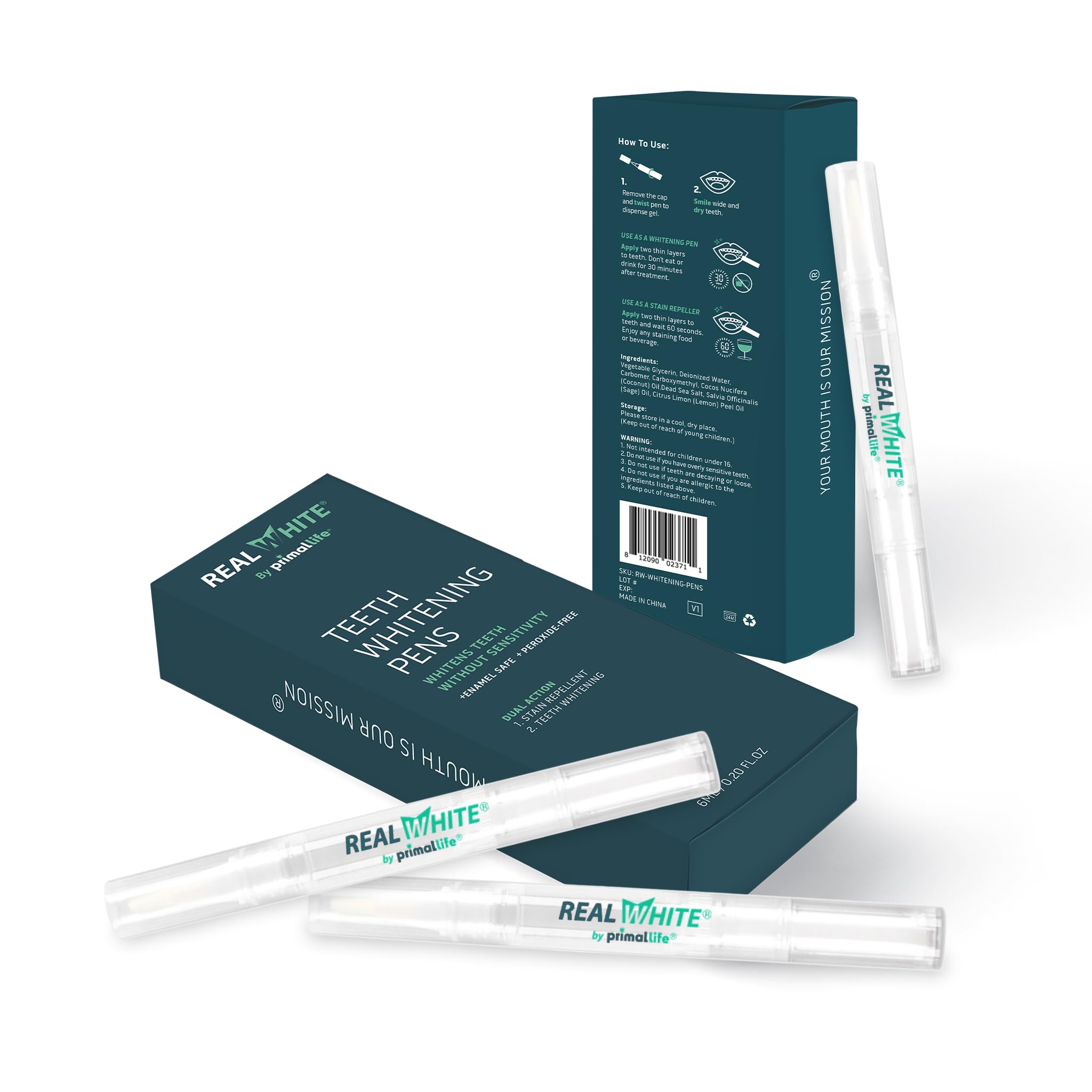 Primal Life Organics Real White Teeth Whitening Pens, All-Natural, Peroxide-Free, Sensitivity-Free, 3 Pack