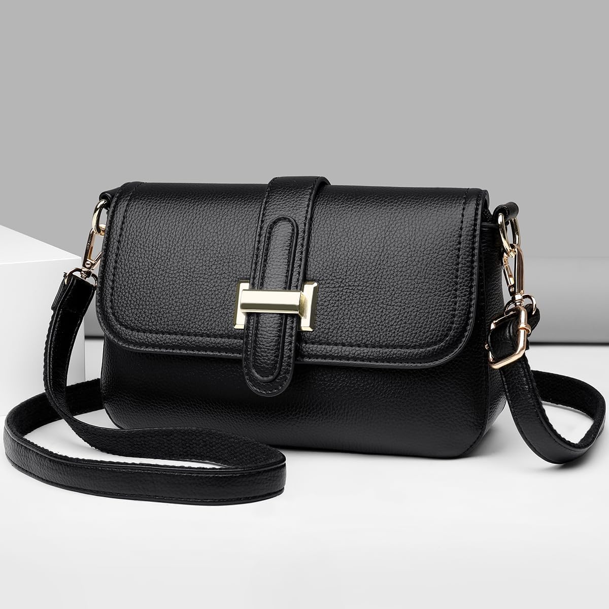 Women's PU Leather Crossbody Bag with Gold Buckle, Chic Small Shoulder Purse, Lightweight Multi-Pocket Handbag