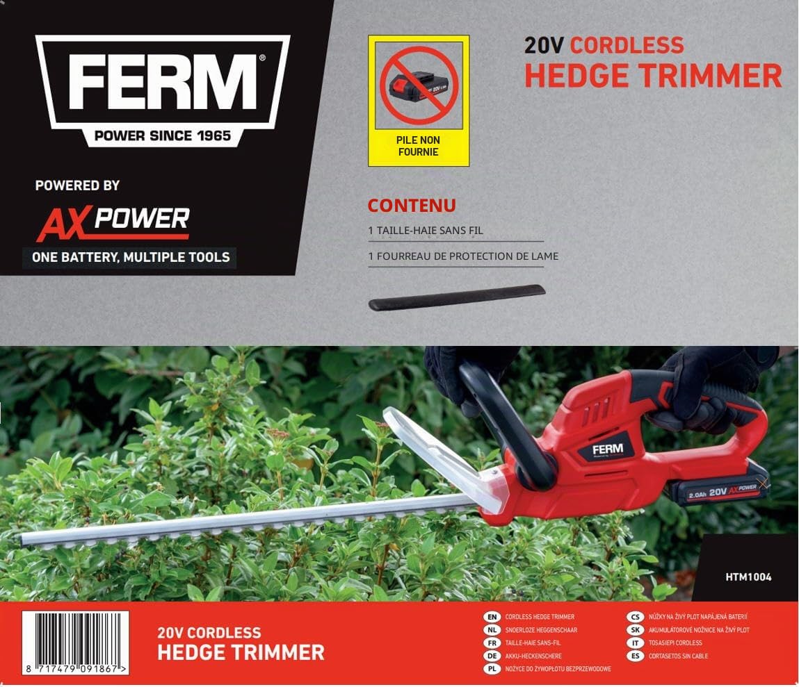FERM Taille-Haie sans Fil 20V AX-Power – Lame 50 cm – Coupe Branches Jusqu’à 14 mm – Poignée Softgrip – Transparent Protection – Compatible Batteries 2.0/4.0Ah