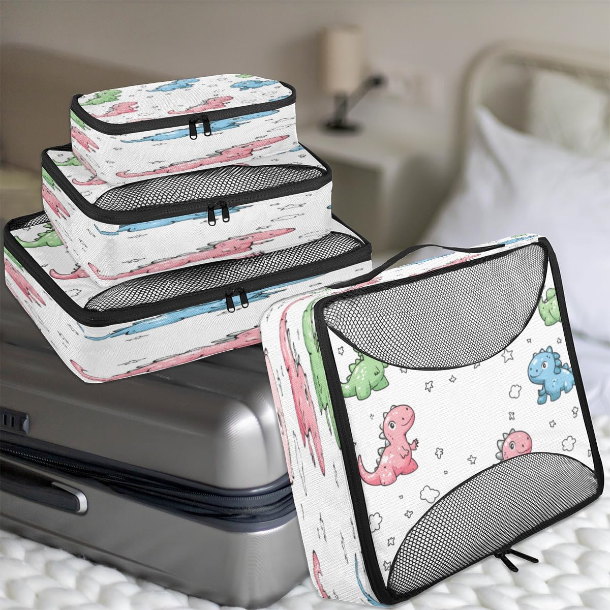 Star Cute Dinosaur 4 Set Packing Cubes Packing Cubes for Women Lightweight Travel Essential Bag Clothes Carry on Suitcase Bags for Accessories Essentials