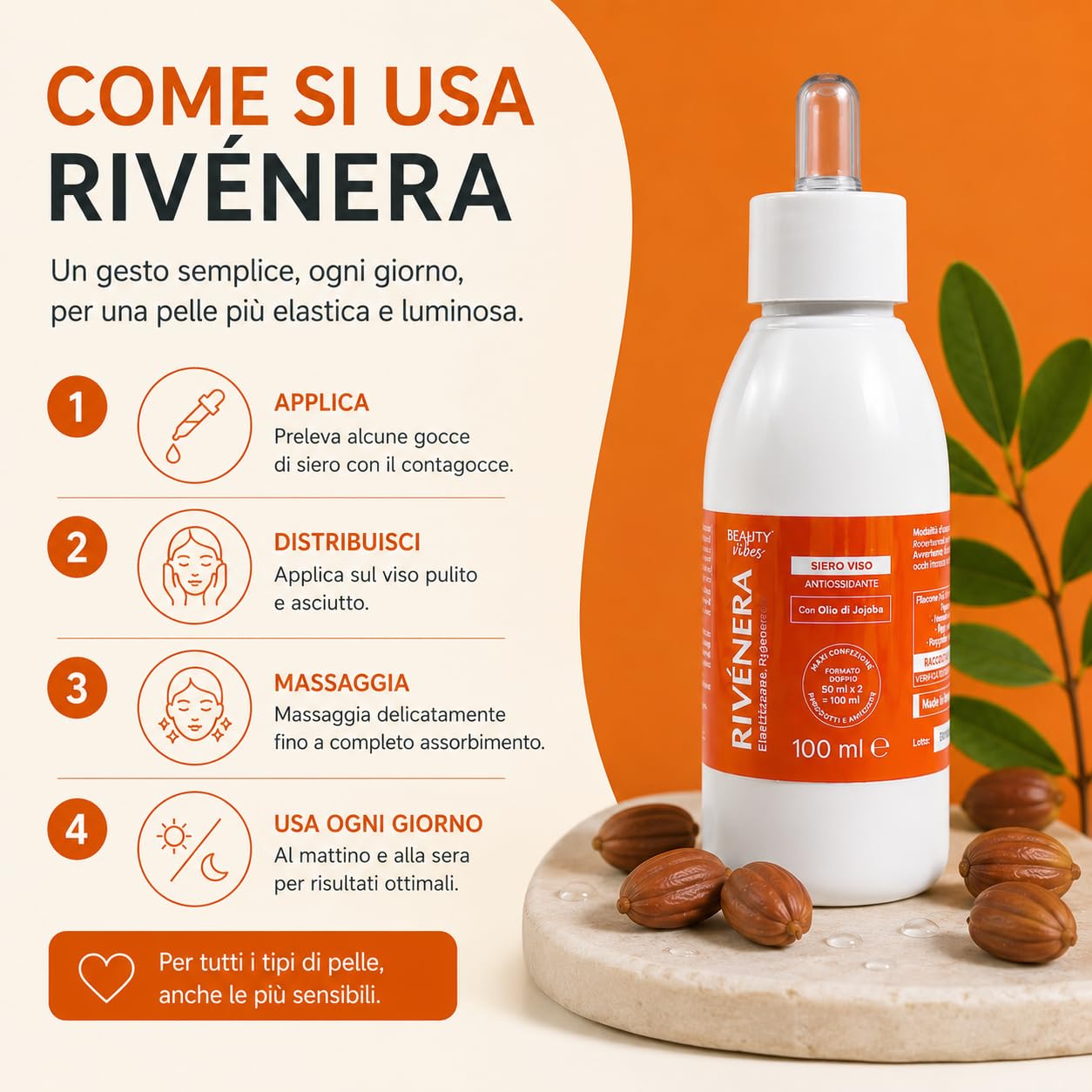 Rivenera serum do twarzy 150 ml – przeciwzmarszczkowy z kwasem hialuronowym i kolagenem – nawilżający, rozjaśniający, regenerujący do skóry dojrzałej (średnio)
