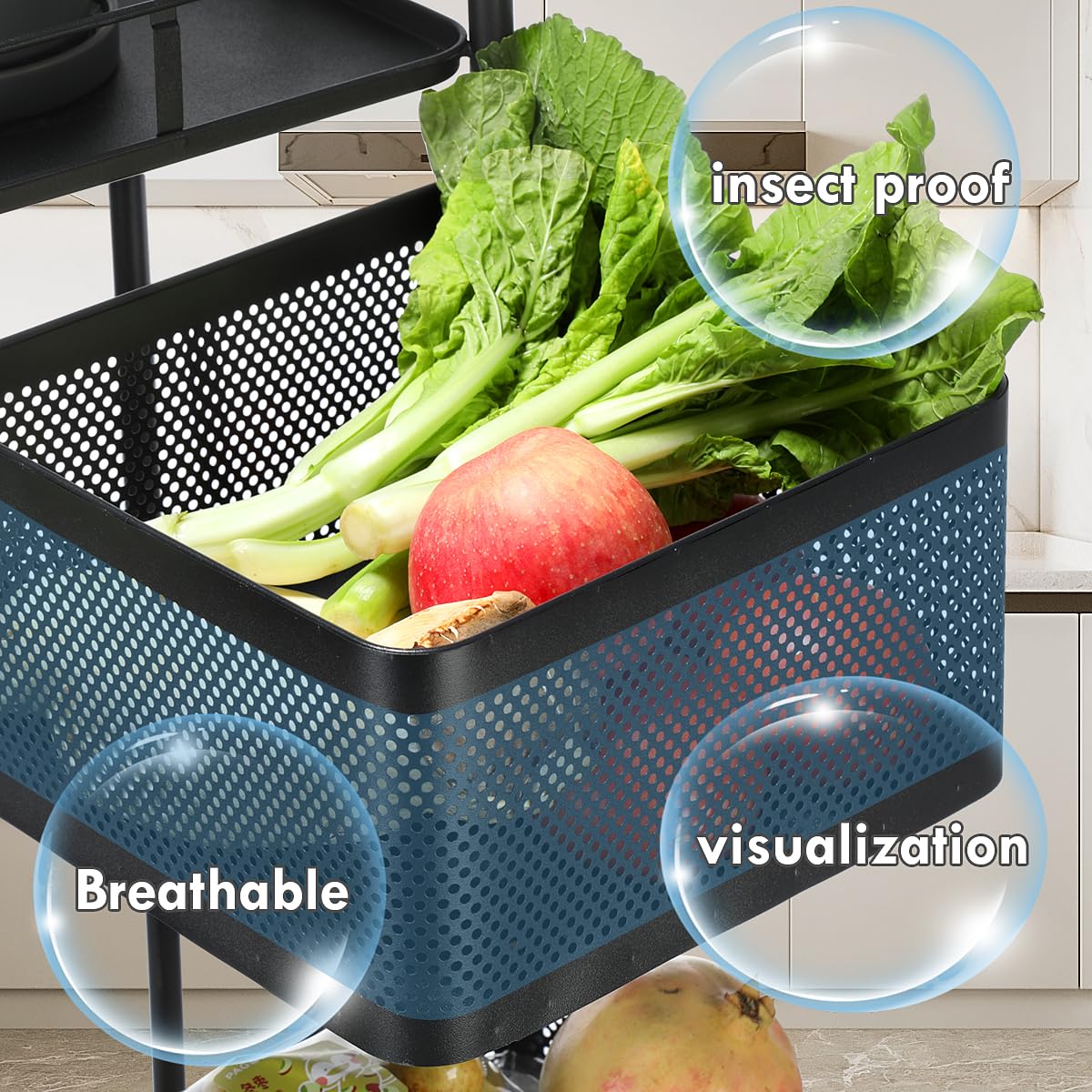 Carrito Auxiliar con Ruedas 5 Estantes, Carro de Cocina Multifuncional con Canastas, Carrito Verdulero y Frutero para Frutas y Verduras, Ruedas 360° para Cocina, Baño, Oficina, Despensa, Negro