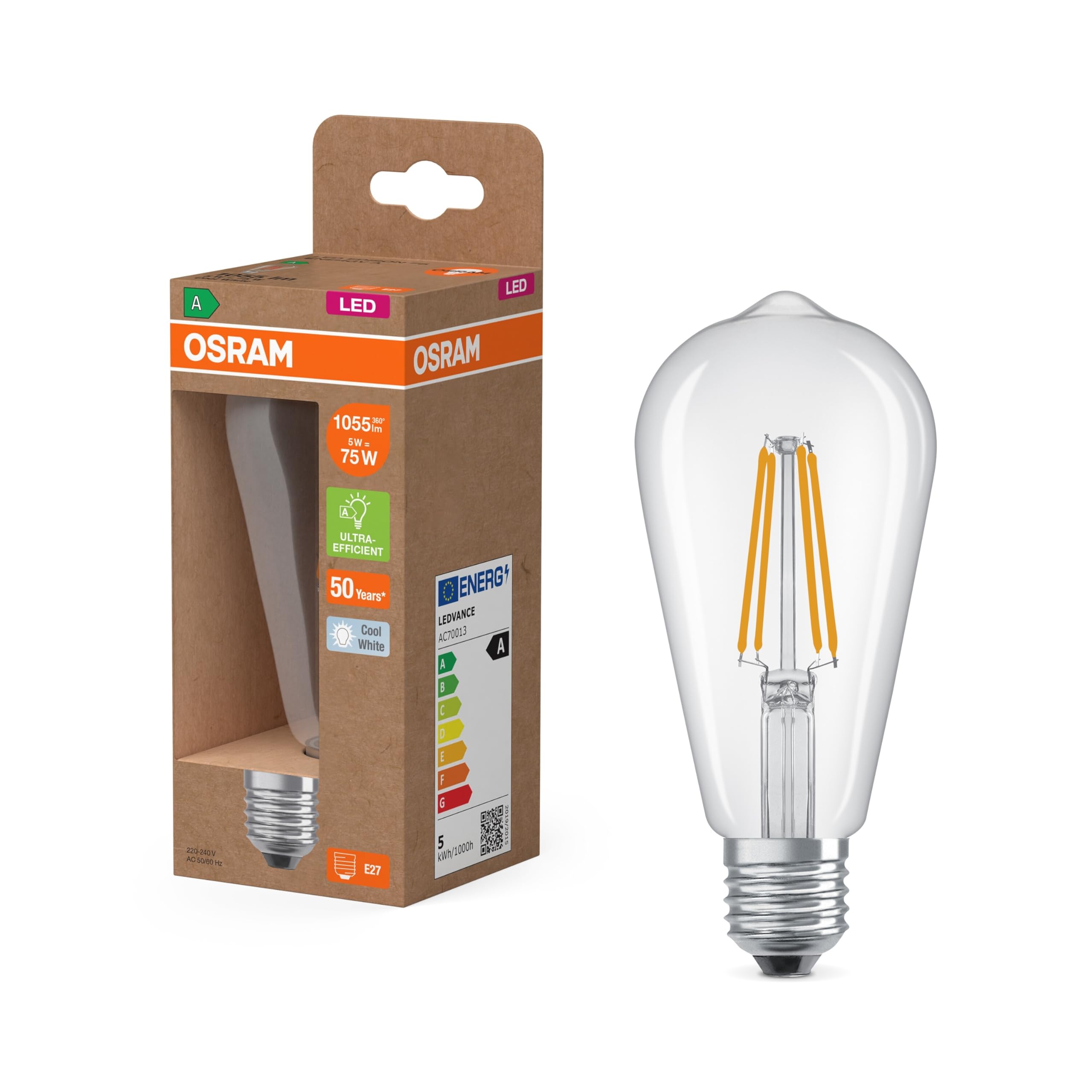 Osram Classic Globe LED Light Bulb with Frosted Design Decorative LED Filament Energy Class A E27 7.2W 1521lm 6500K Daylight White No Warm Up Instant 100% Light