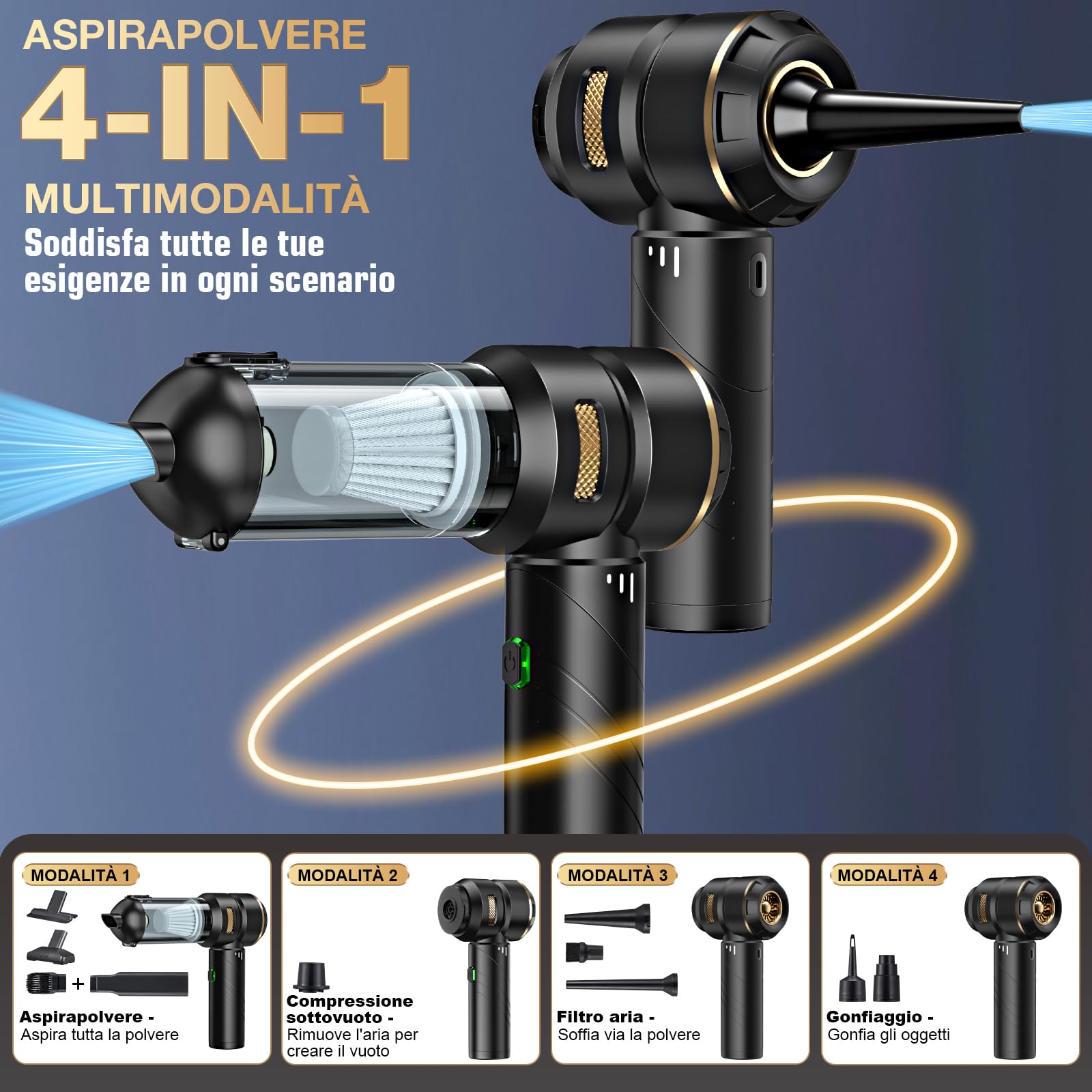 Aspirapolvere a mano a batteria 4 in 1, per auto, forte, 25000 PA senza fili, 3 marce, 220000 giri/min, per auto, cucina, PC, divano, ufficio, pulizia dei peli di animali domestici (giallo oro)