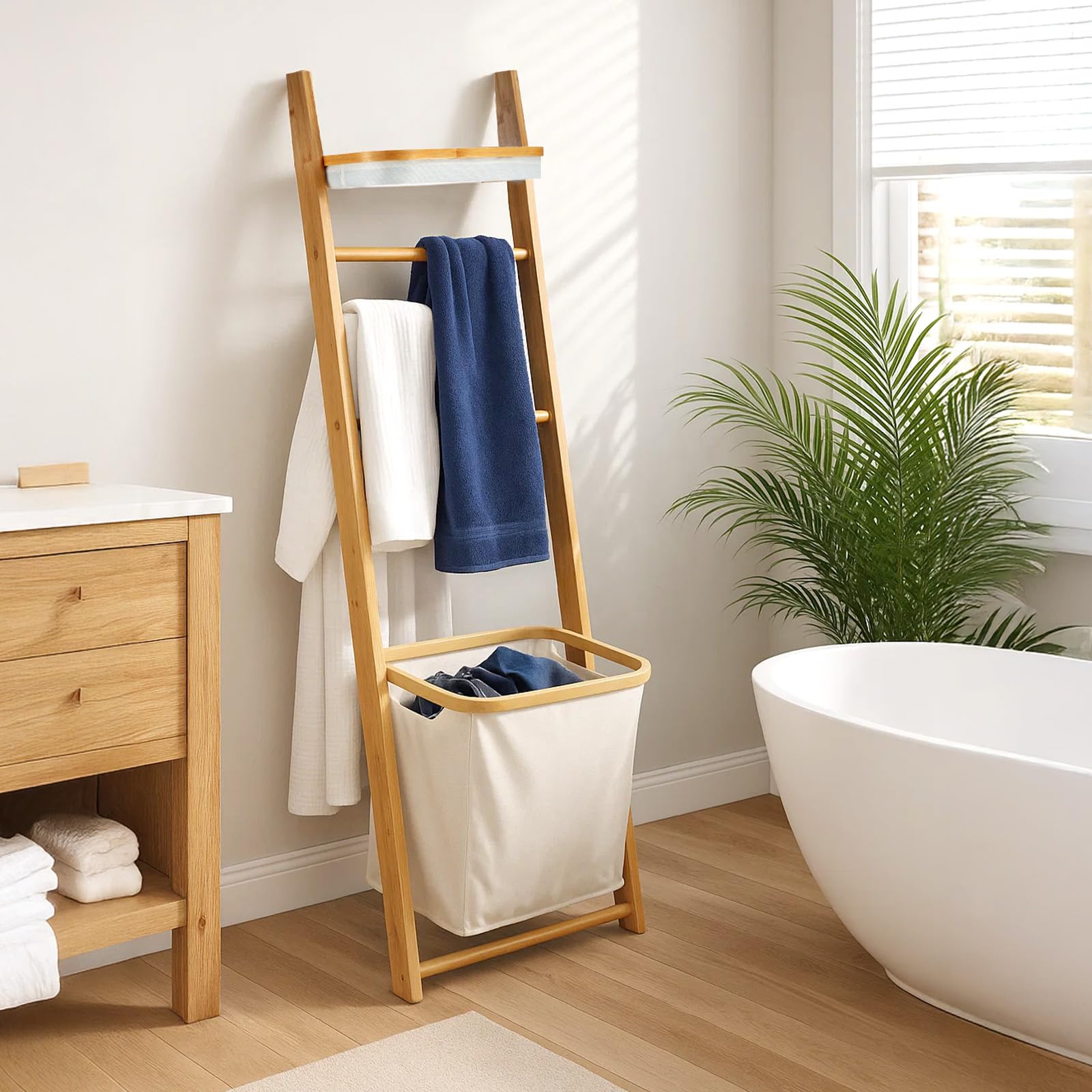 Bamboo Blanket Ladder with Laundry Basket, Free-Standing Towel Rack, Wooden Storage Shelf & Decorative Towel Ladder for Bathroom, Bedroom or Living Room