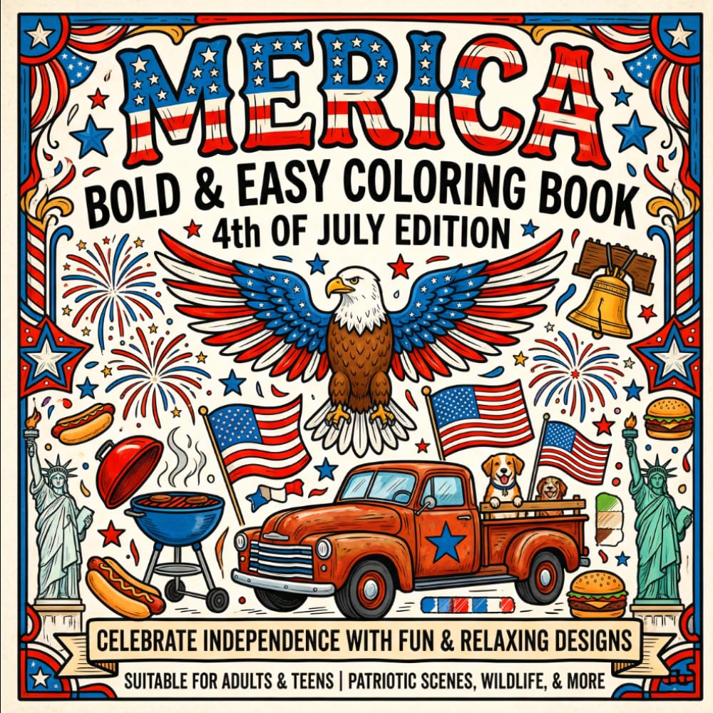 Merica: Bold & Easy Coloring Book: Fun & Simple Patriotic 4th of July Designs with Stars, Flags, Fireworks & Cute USA-Themed Illustrations for Relaxing Creativity