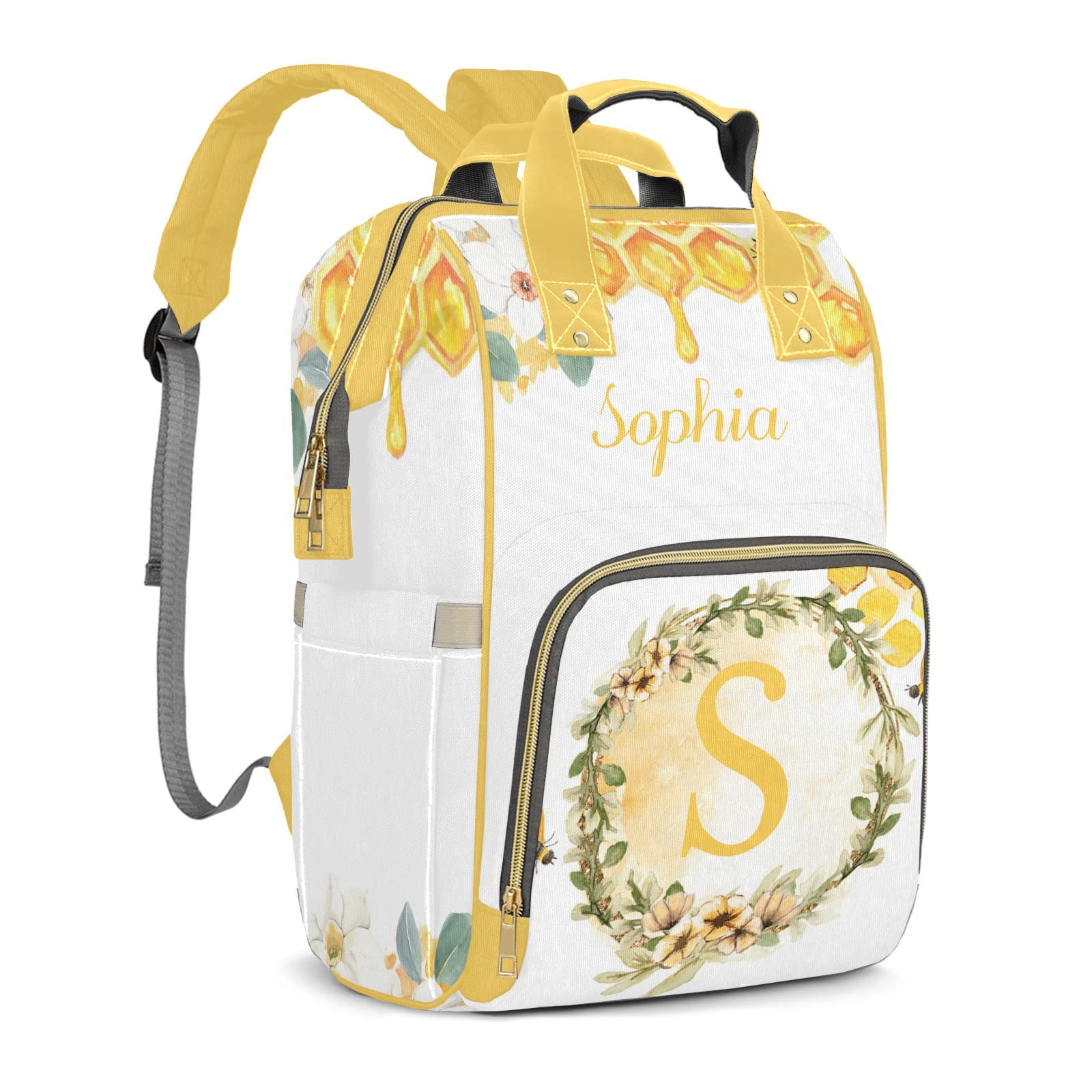 Bee Flower Watercolor Mommy Bag for Baby Girl Custom Diaper Bag Backpack Waterproof Multi-Function Travel Camping Picnic Diaper Carrying Bag