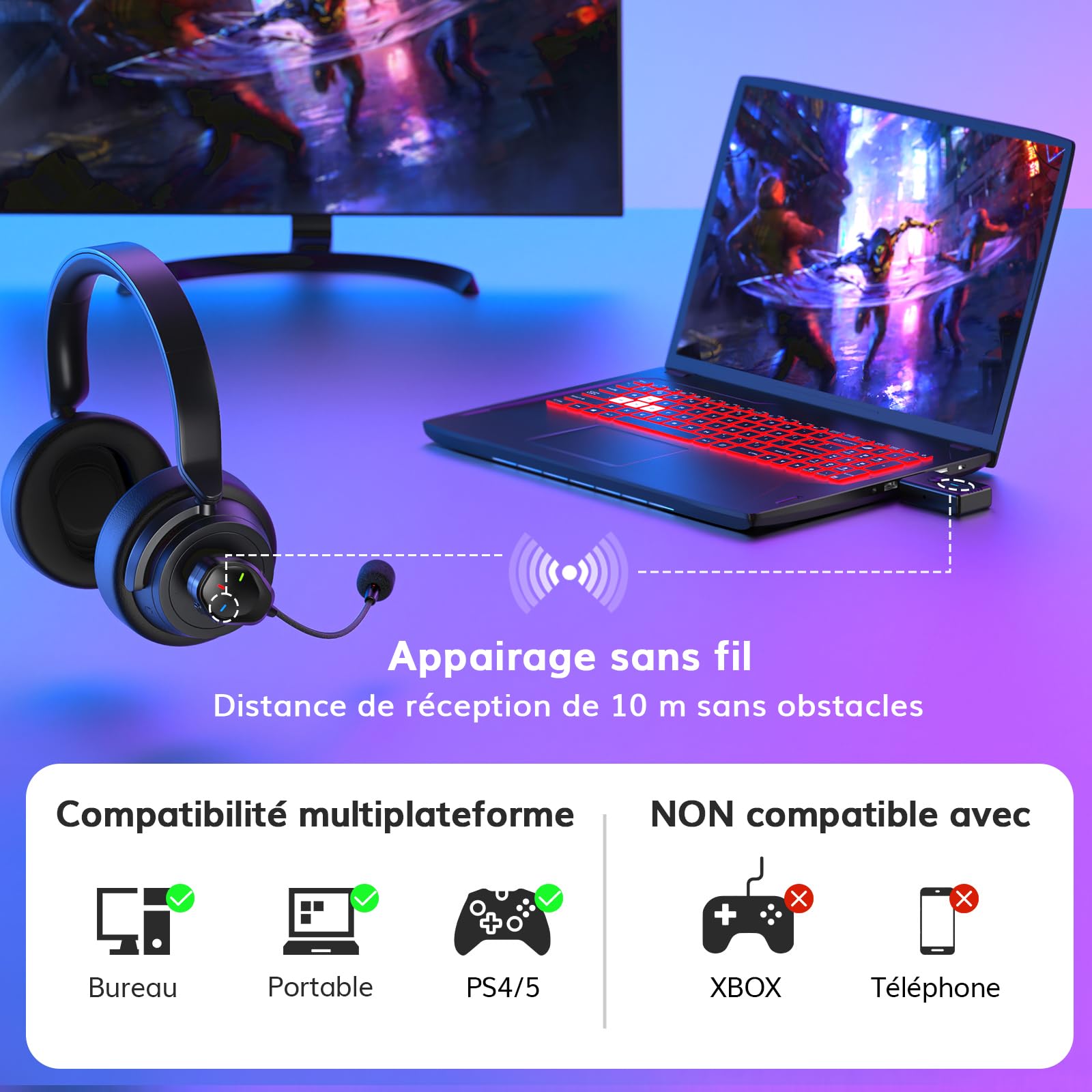 TONOR ModMic sans Fil, Microphone Perche Amovible pour Casque, Microphone de Jeu pour Console, Réduction du Bruit, Rechargeable par USB, Compatible avec Win/Mac/Android/iOS, TGP1